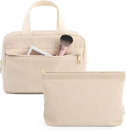 Glitzcharm 2 bolsas de maquillaje para mujer, bolsa de maquillaje de pana para bolso, bolsa de maquillaje grande de viaje, bolsas pequeñas para