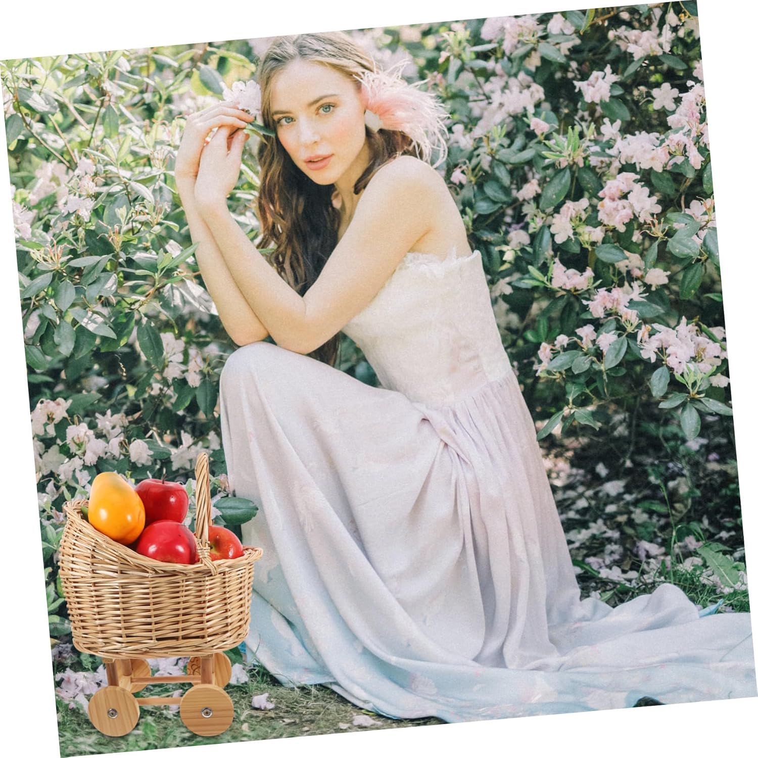 Vaguelly Woven Rattan Stroller Shaped Basket for Flowers Floral Basket with Handle for Weddings Showers and Party Decorations Rustic Design Versatile present