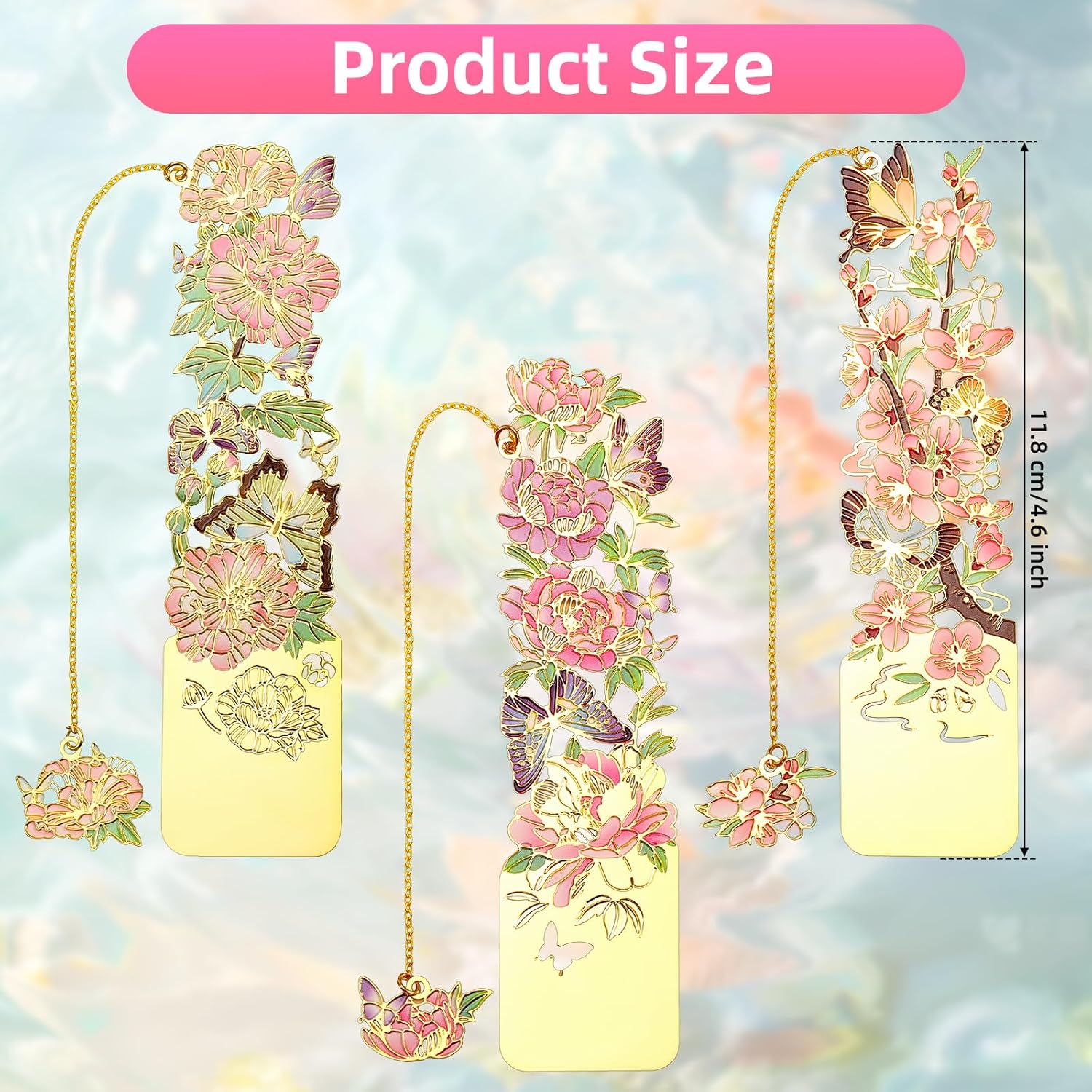 3 PCS Metal Bookmarks - Pretty & Beautiful Flower Bookmarks for Women - Peach Blossom, Cottonrose Hibiscus, Peony - Image 6