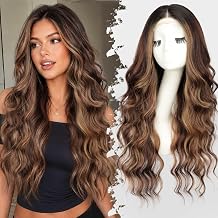 Eawwii Brown Highlight Wigs for Women, 30 Inch Wavy Synthetic 4x2 Lace Wig | Glueless Middle Part,Natural Hairline,Beginner Friendly,Long Wave,Easy Wear for Daily Cosplay