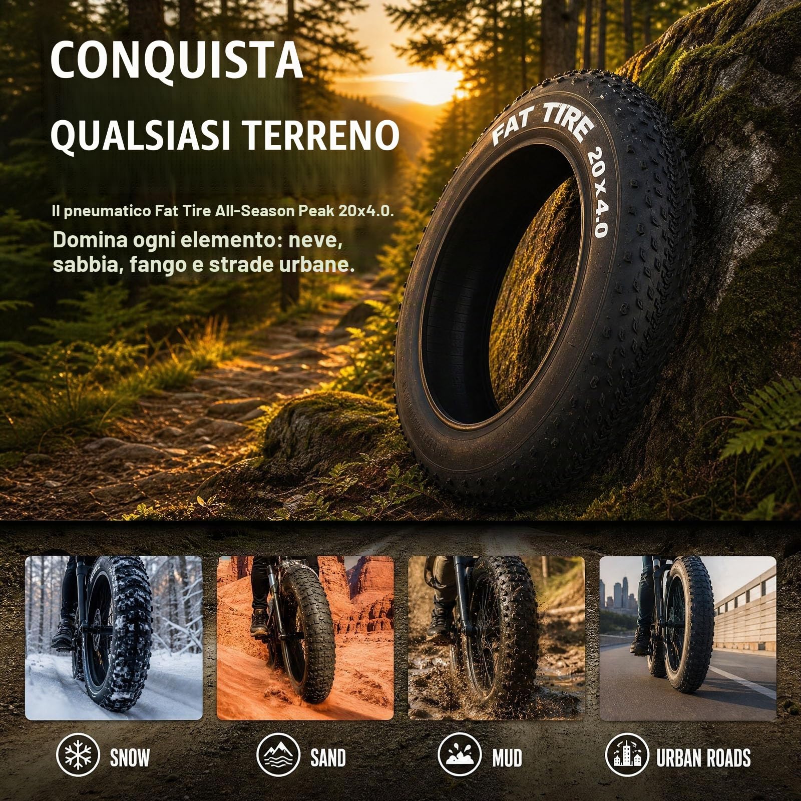 2pcs 20x4.0 Pneumatici, 20x4.0 Antiforatura per Bicicletta Elettrica, Pneumatici Grassi Tutti Terreni in Gomma Resistente, MTB Spiaggia Fuoristrada, 30PSI