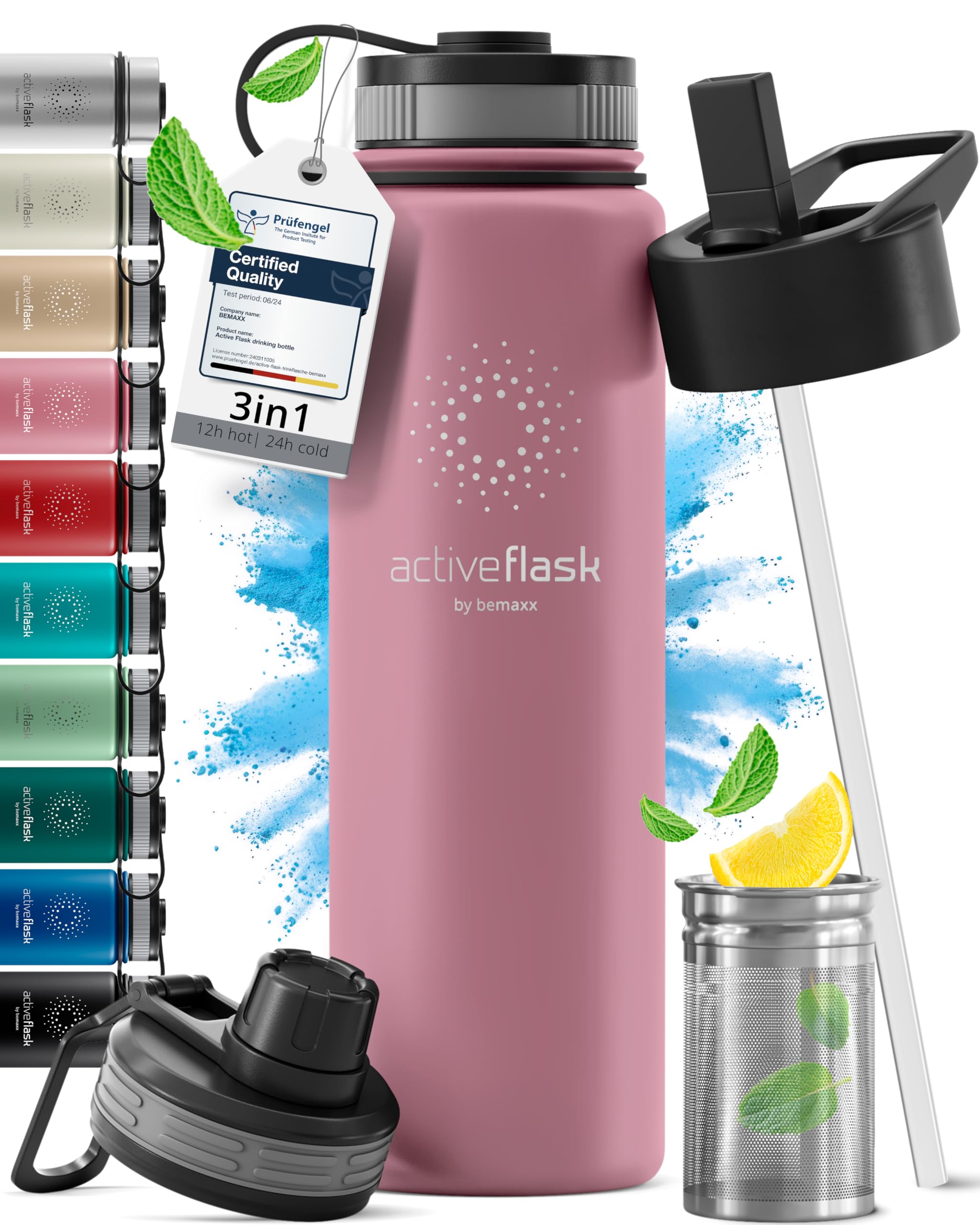 Bottiglia Acqua Termica INOX ACTIVE FLASK + Cannuccia (3 Tappi), Senza BPA, 1l/500ml | Borraccia Isotermica Acciaio - Caldo/Freddo, Ufficio Outdoor Sport Bicicletta viaggio fitness, Caffe Te
