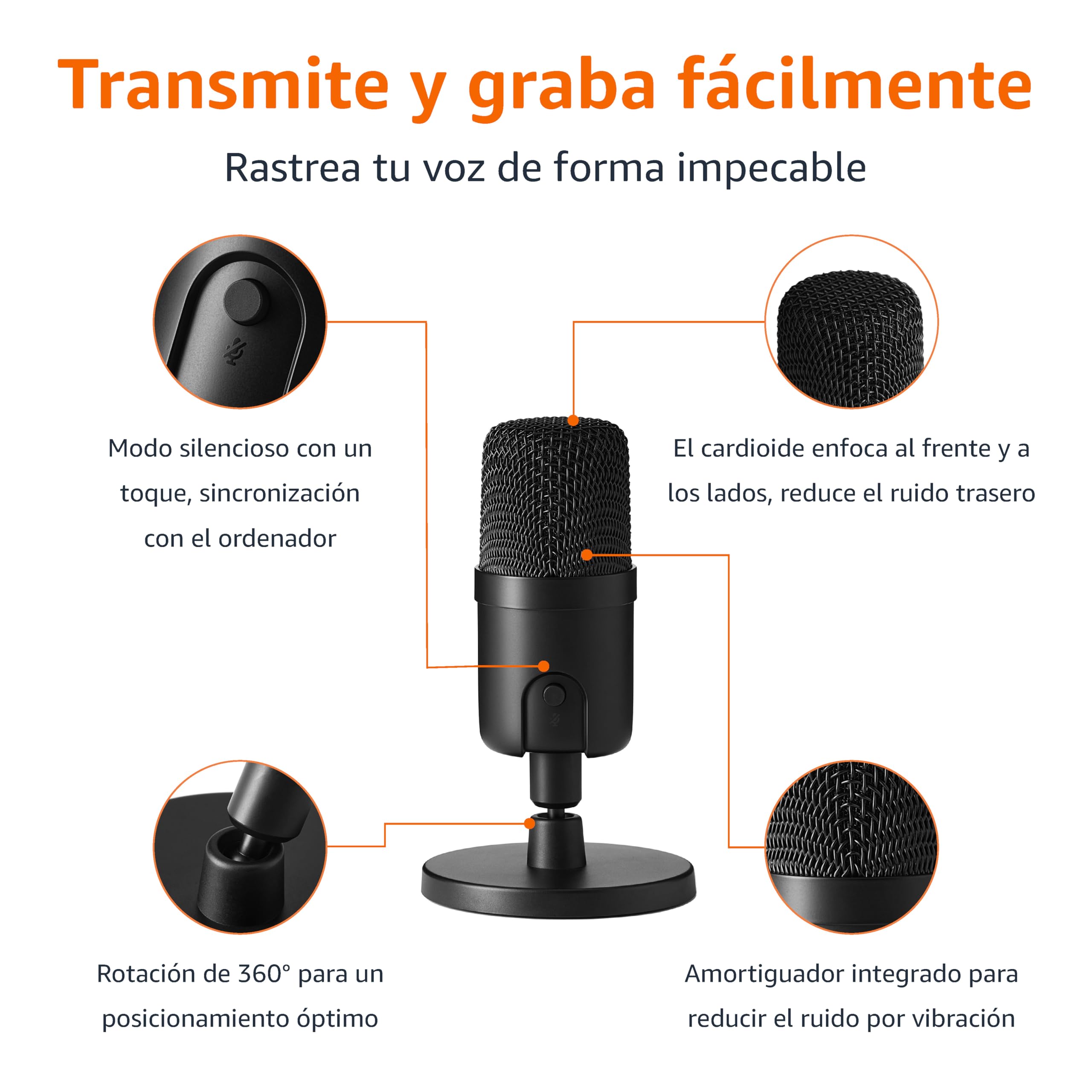 Amazon Basics Micrófono condensador mini-USB para streaming, juegos, podcasts, con patrón cardioide, Black