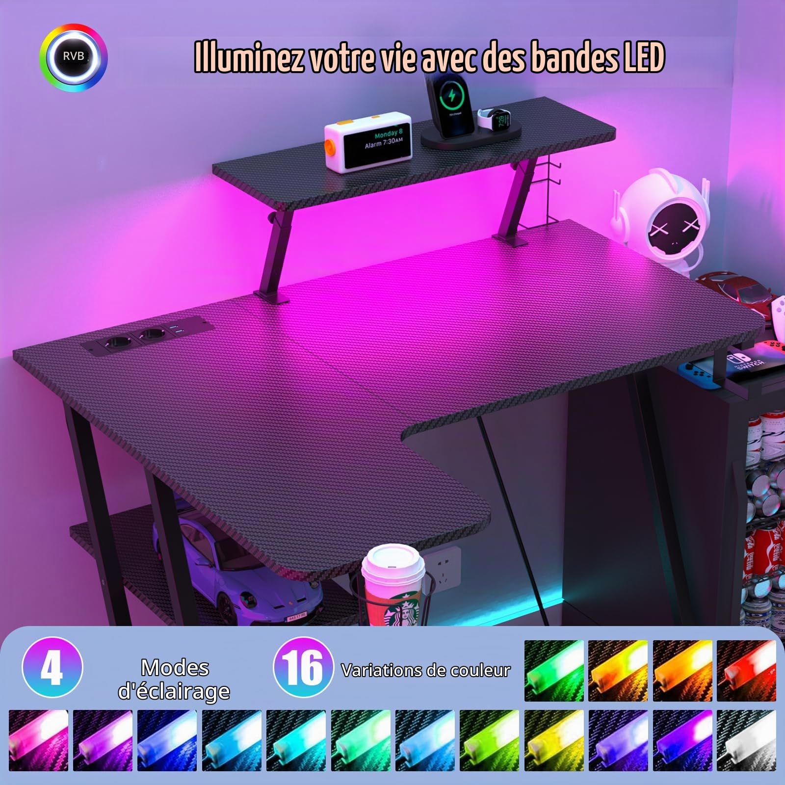 Bureau Gaming LED 100x80 cm, Table Gamer avec Rangement, 2 Prises Electriques et 2 Ports USB
