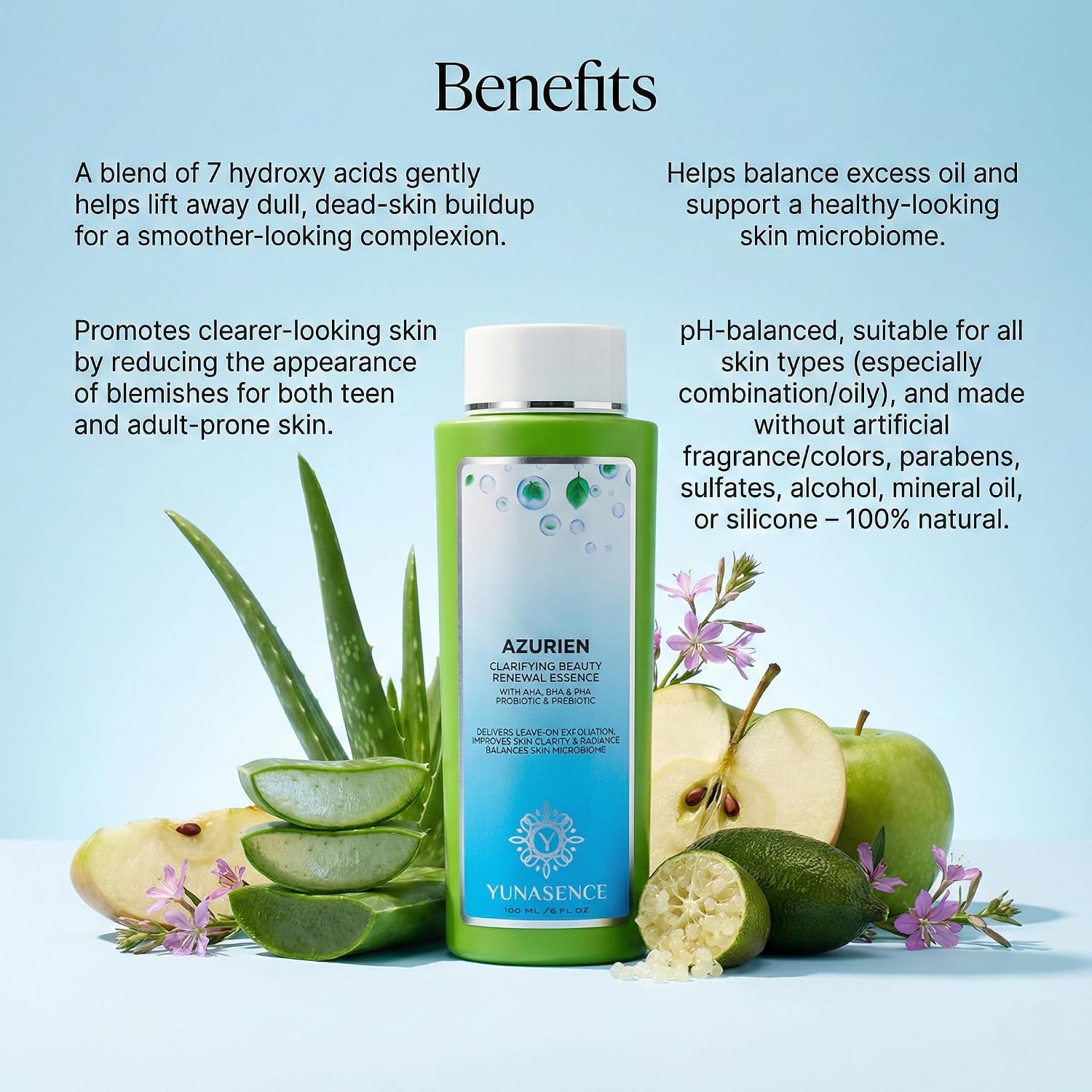 YUNASENCE AZURIEN Clarifying Beauty Renewal Essence, 6oz. with Blend of 7 Types of AHA+BHA+PHA to Gently and Naturally exfoliate and Renew.