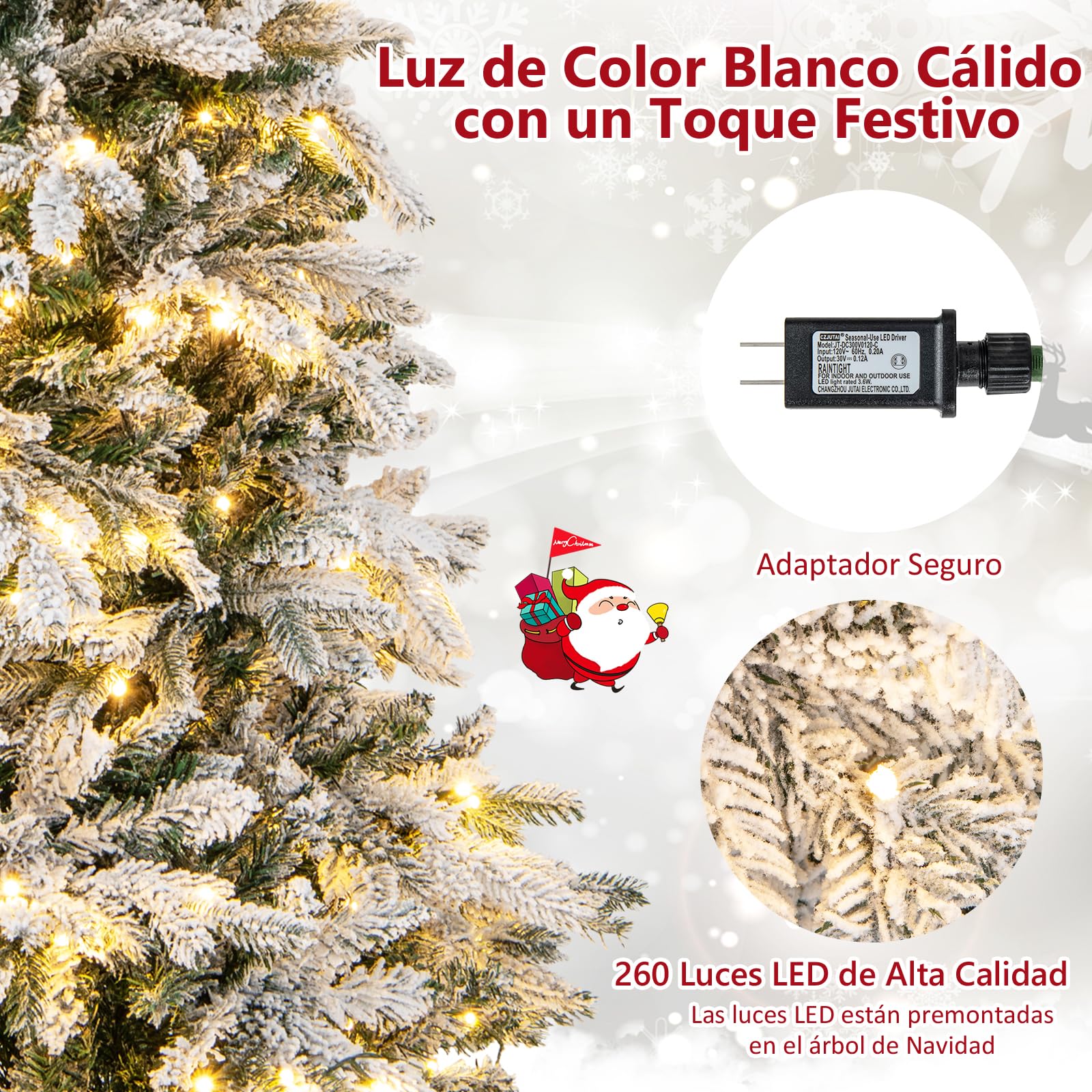 COSTWAY Árbol de Navidad Nevado con Luces 180cm, Arbol de Navidad con Luces Incorporadas, 260 Luces LED Cálidas, 1415 Puntas de PVC y PE, Arvore de Natal Hogar Oficina Fiesta (180cm)