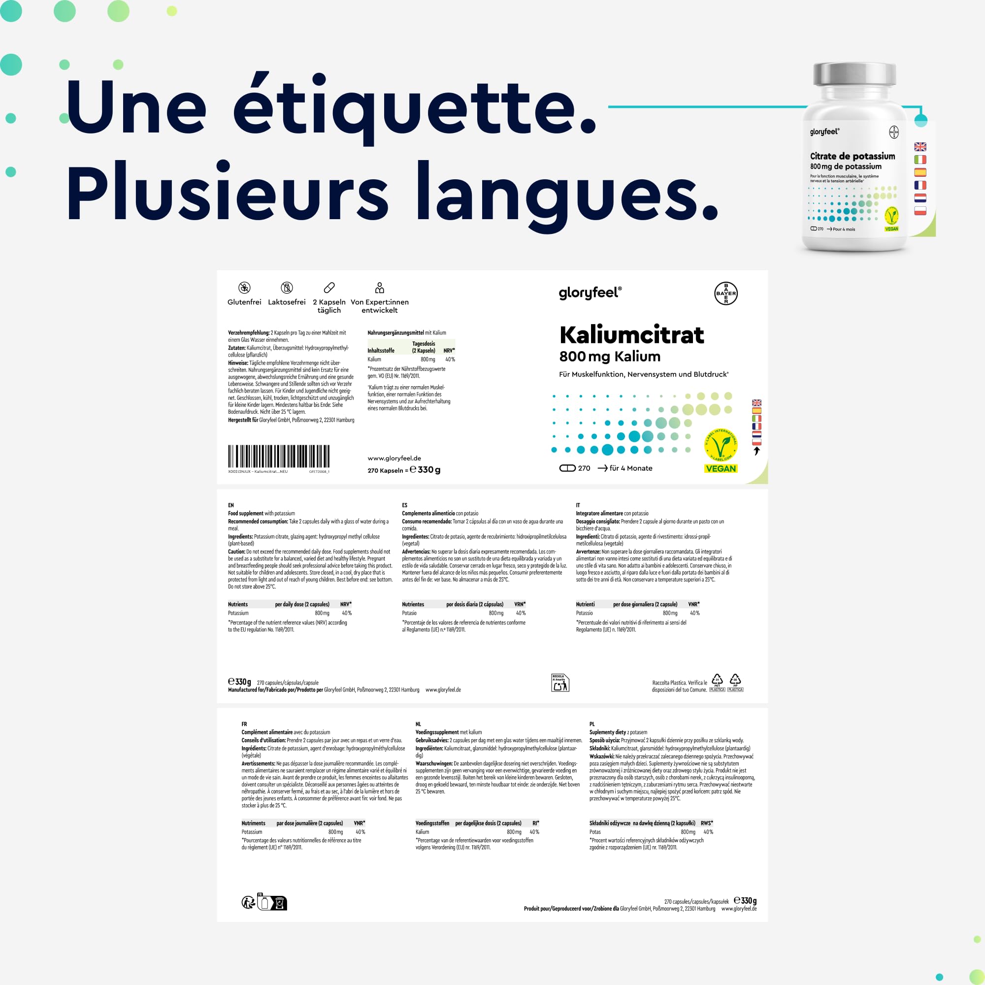 Potassium 270 Gélules, Hautement Dosé + 800mg de Potassium Élémentaire, Pour la Fonction Musculaire et le Système Nerveux, 100% Citrate de Potassium, Cure pour 4 Mois, Végan et Sans Additifs