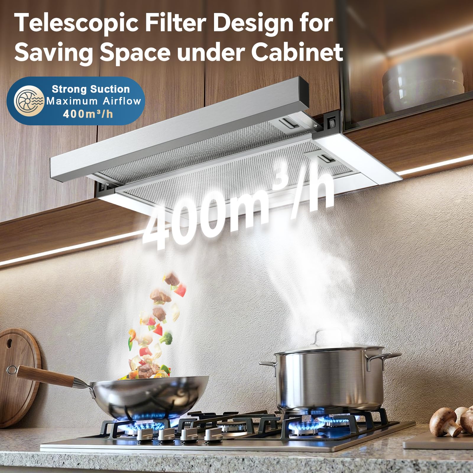 Campana Extractora 60 cm Telescópica, 400 m³/h Flujo de Aire, Superficie de Acero Inoxidable, Iluminación LED, Interruptor Basculante, Campanas Extractoras Silenciosas para Cocina