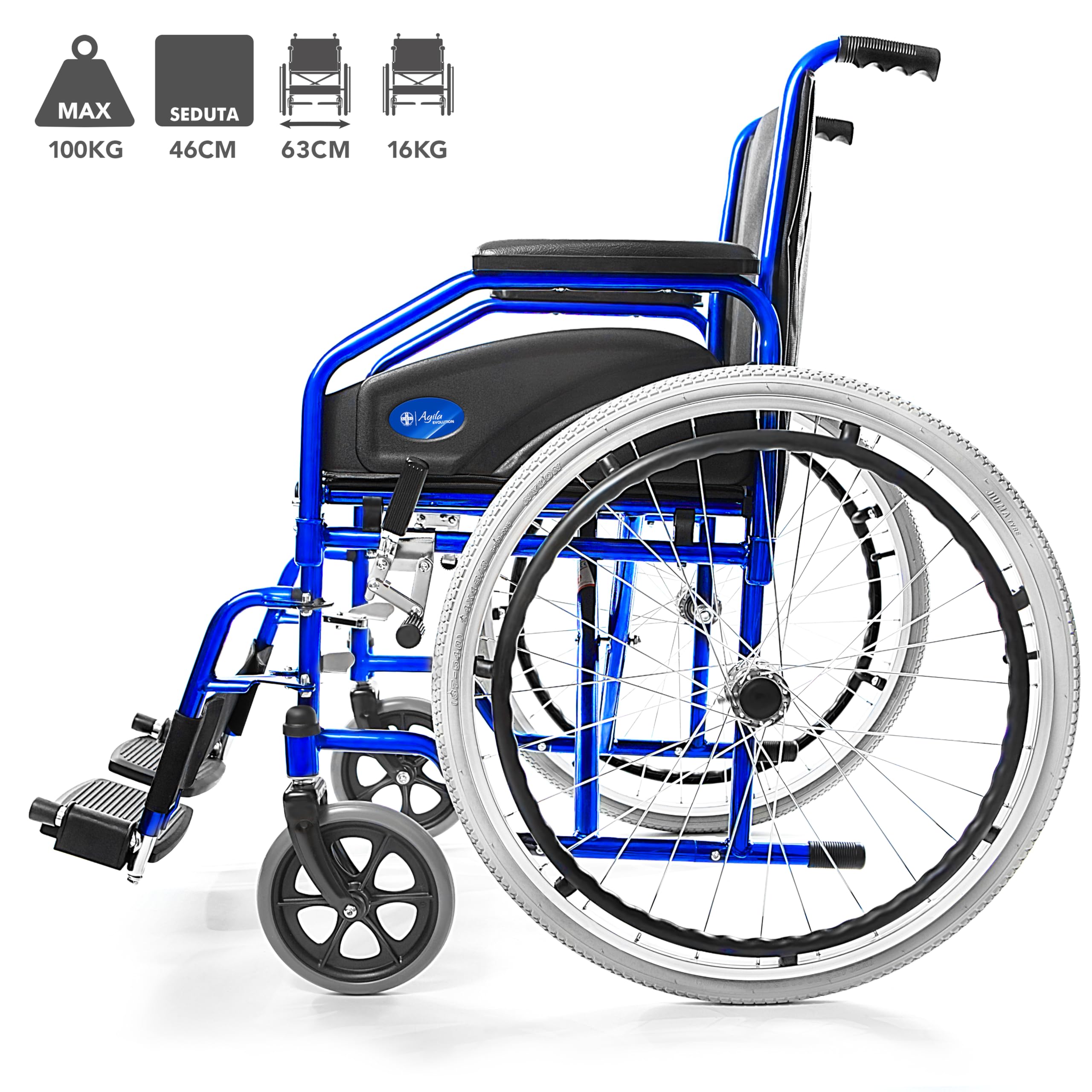 AIESI® Silla de Ruedas plegable ligera con autopropulsión para discapacitados y ancianos AGILA EVOLUTION, Reposabrazos y reposapiés extraíbles, Cinturón de seguridad, Bomba de aire, Garantía 24 meses