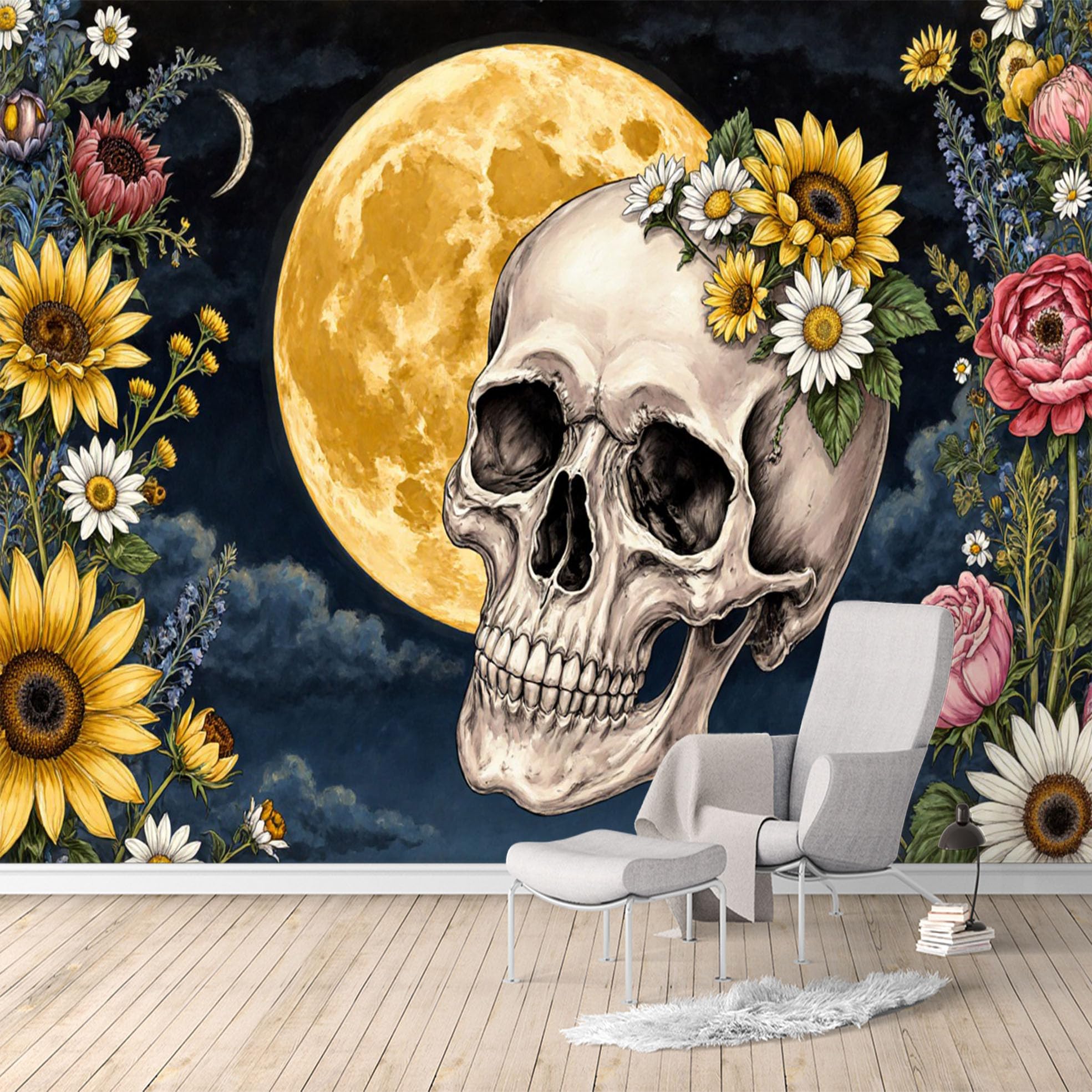 Custom Size Wall Murals, Gothic Skull Moonflower Botanical, SelfAdhesive Water Activated Removable Wall Covering, Large Photo Wallpaper for Living Room Bedroom Office