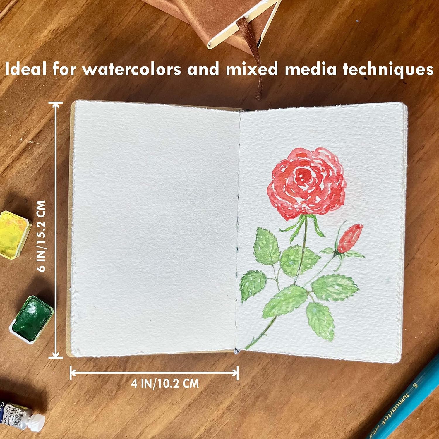 tumuarta Deckle Edge Watercolor Paper Sketchbook, 100% Cotton Vintage Leather Journal, 140 Lb, 300 GSM, 24 Sheets Handmade Diary for Mixed Media Techniques. (Brown, 4"x6")
