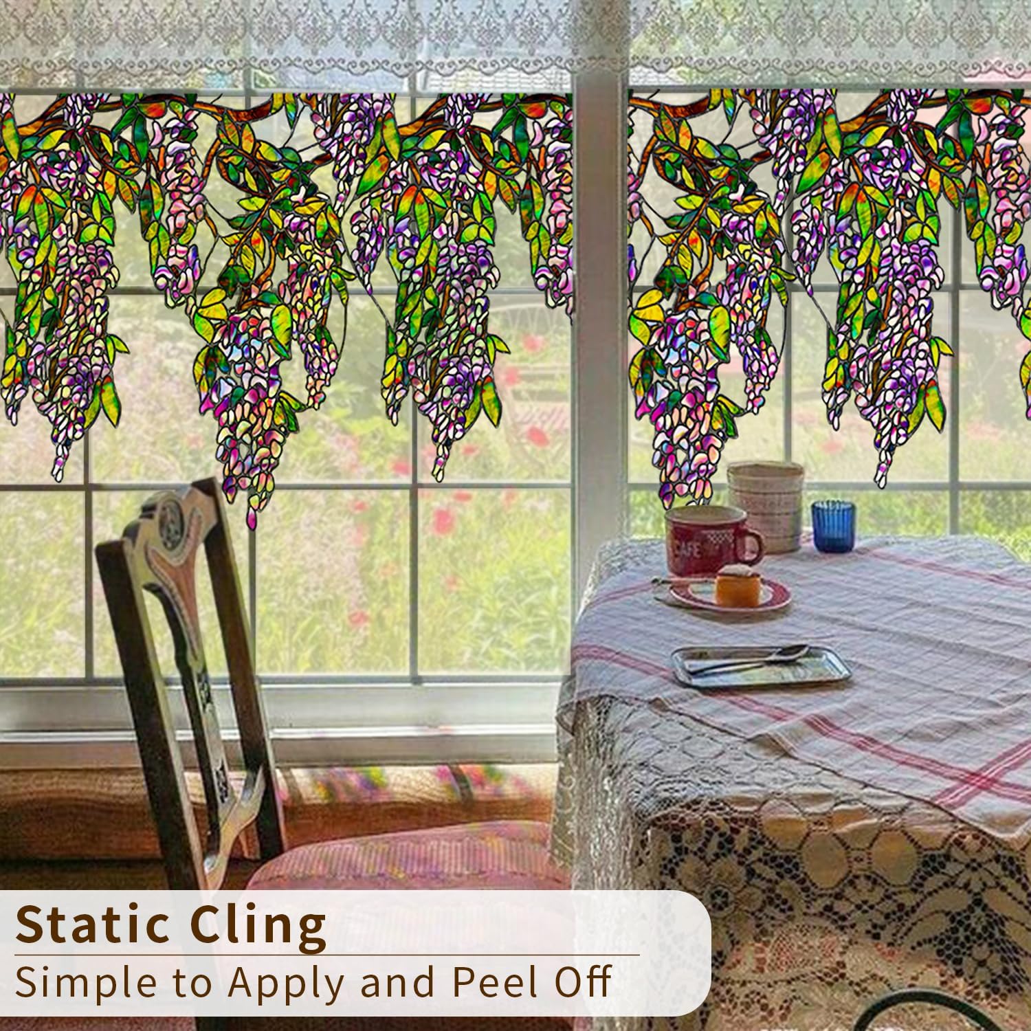 Original Hand Drawn Wisteria Stained Glass Window Border Film, Transparent Static Cling for Glass Window Decor, Watercolor Hanging Plants Purple Wisteria Sticker 16.93"X67.72"