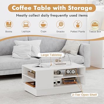 GIANTEX Coffee Table with Storage, 2-Tier Centet Table, White