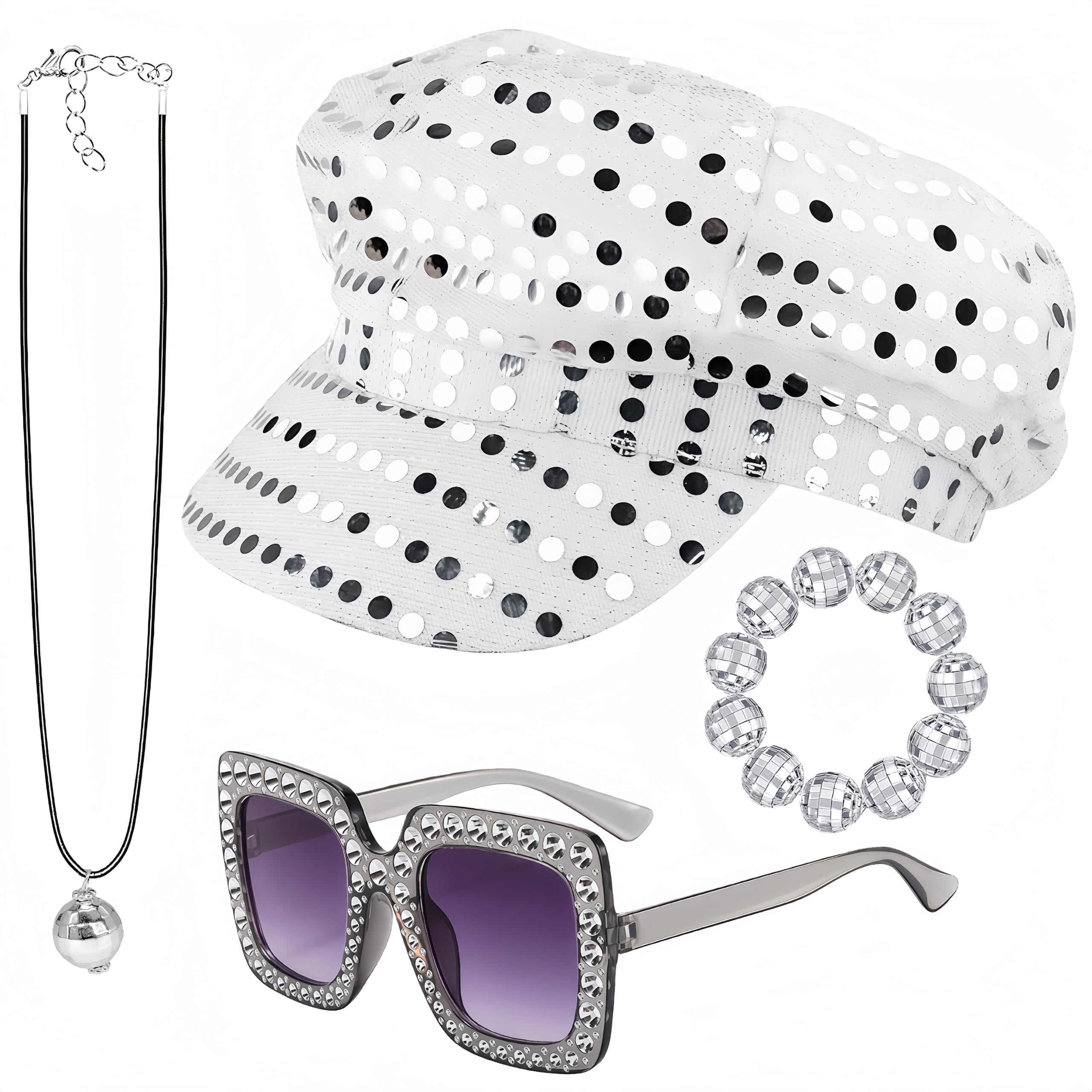 Baseballbat 4Pcs Abba Hat 70s Disco Accessories Women Sequin Hat Abba Fancy Dress Costume Set Glitter Cap Disco Ball Bracelet Necklace Sunglasses for Women 70 80 Party Birthday Dance Outfits — image 1