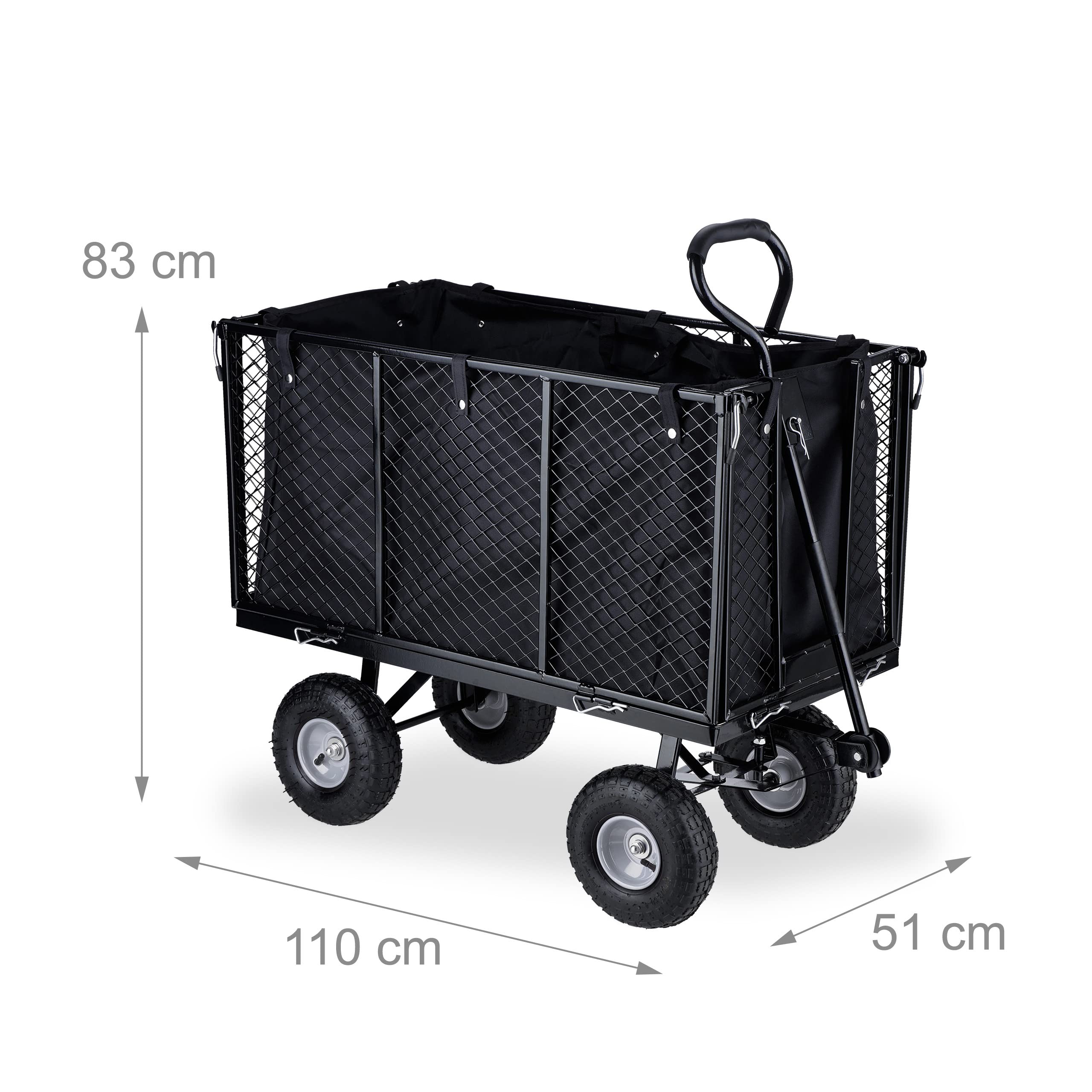 Relaxdays Chariot de jardin, parties latérales rabattables, bâche amovible avec poignées, 500 kg max., noir/gris