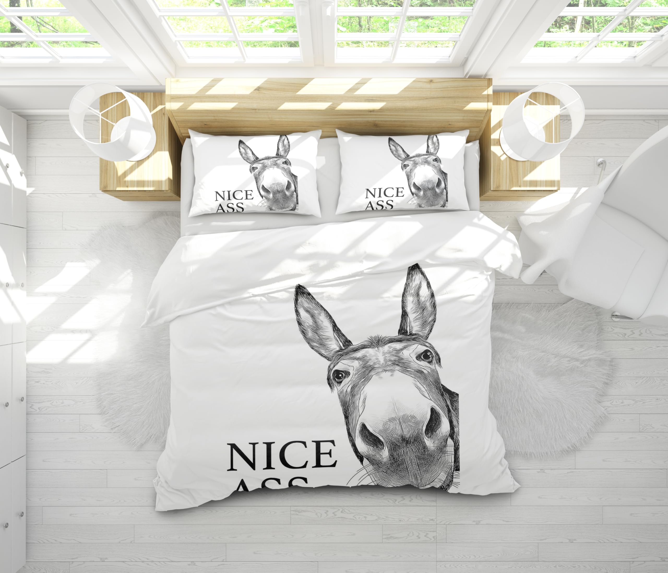Parure de lit Nice Ass vintage avec imprimé âne style ferme noir et blanc en coton 120x200cm