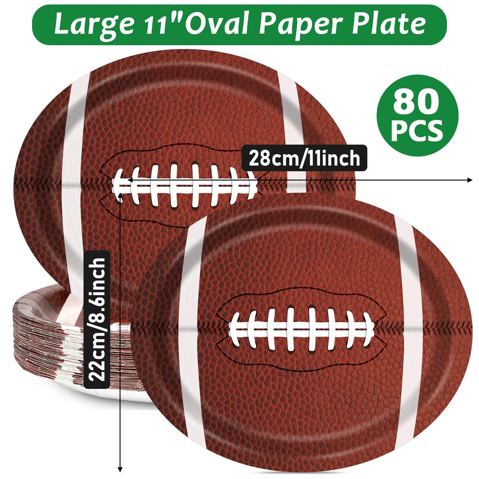 80 PCS Football Oval Paper Plates Large 11” Disposable American Rugby Sport Platters, Touch Down Boy Birthday Theme Party Heavy Duty Dish Tray for BBQ Gathering Picnic Carnival Dinner Party Tableware