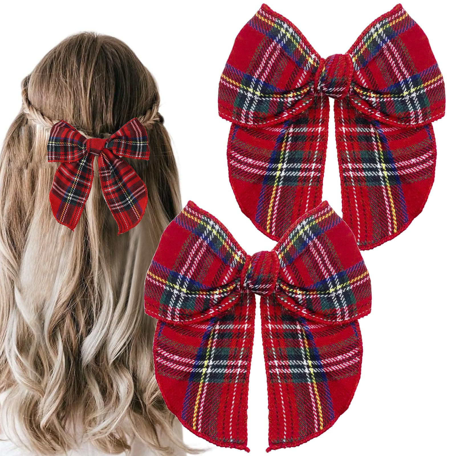 2PCS Tartan Bow Knot Hair Clips, Red Plaid Hair Bow, Scottish Bow Hair Barrettes, Elegant Hairpins, Fashion Festive Hair Accessories