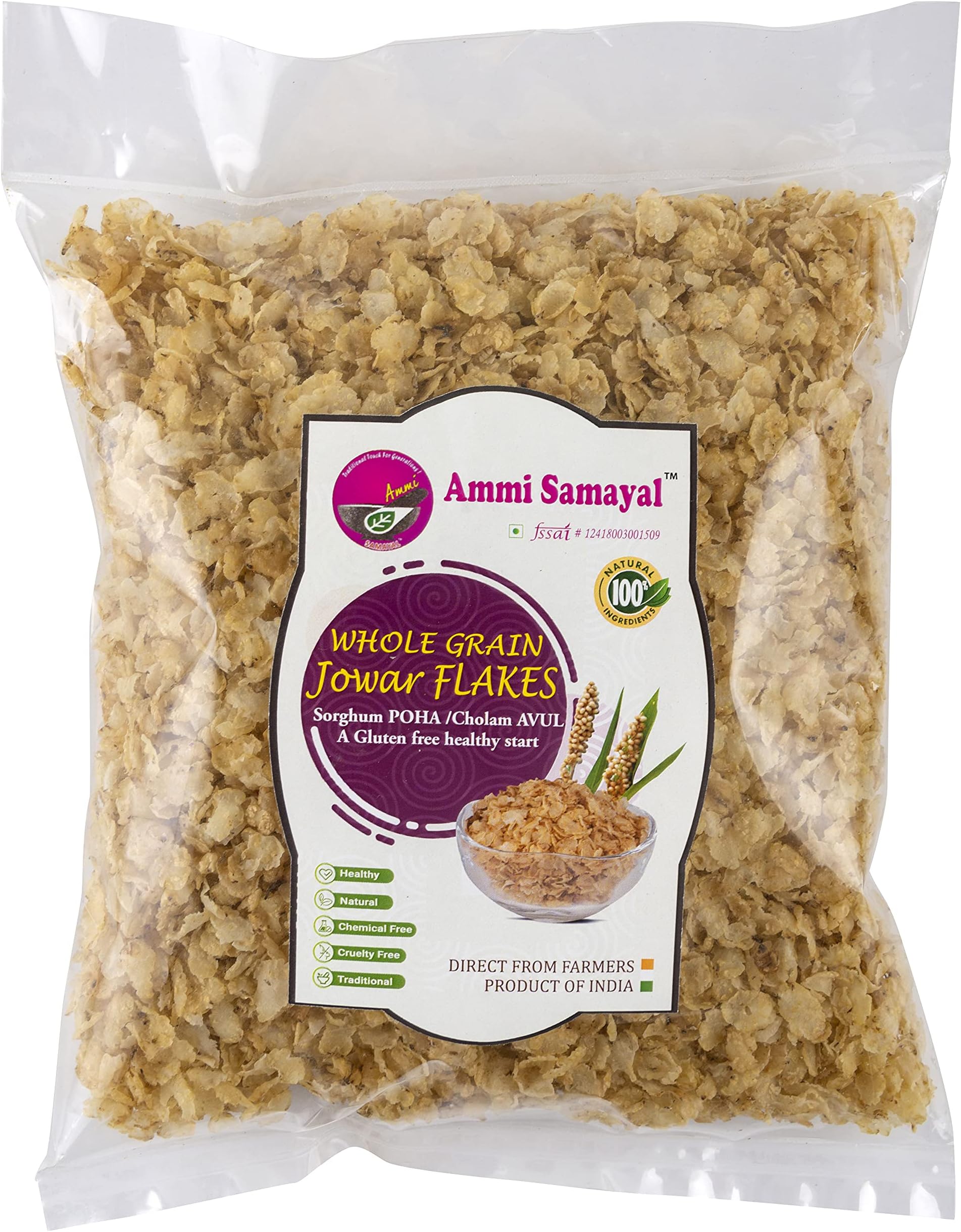 Jowar Flakes | Whole Grain Sorghum Poha | Fiber-Rich Cholum Avul | Millet Flakes For Healthy Breakfast | Premium Organic Snacks For Good Health | Gluten Free Poha | Pack of 1 | 500 Gram