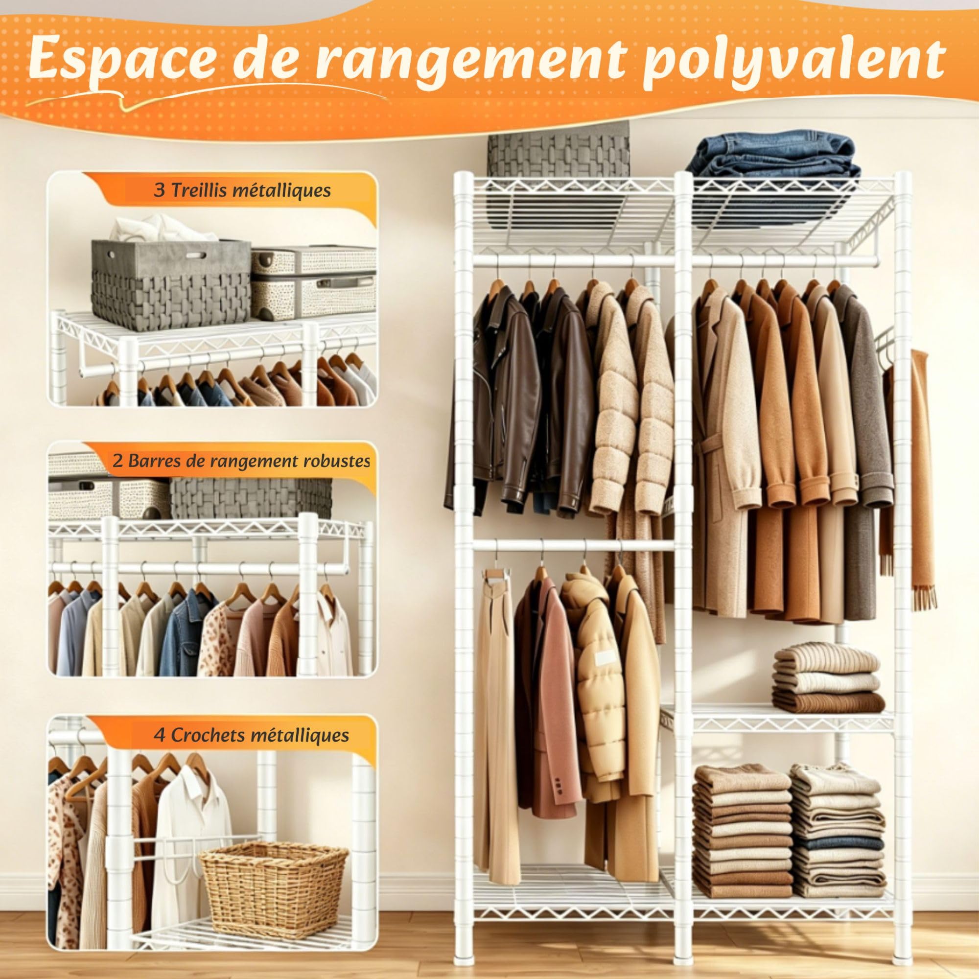 Portant à vêtements solide, Penderie Vêtement Dressing Chambre Adulte avec 3 étagères réglables en hauteur, 2 tringles à vêtements, 4 crochets, métal, 200 KG, 80x40x194,5 cm, pour entrée, Blanc