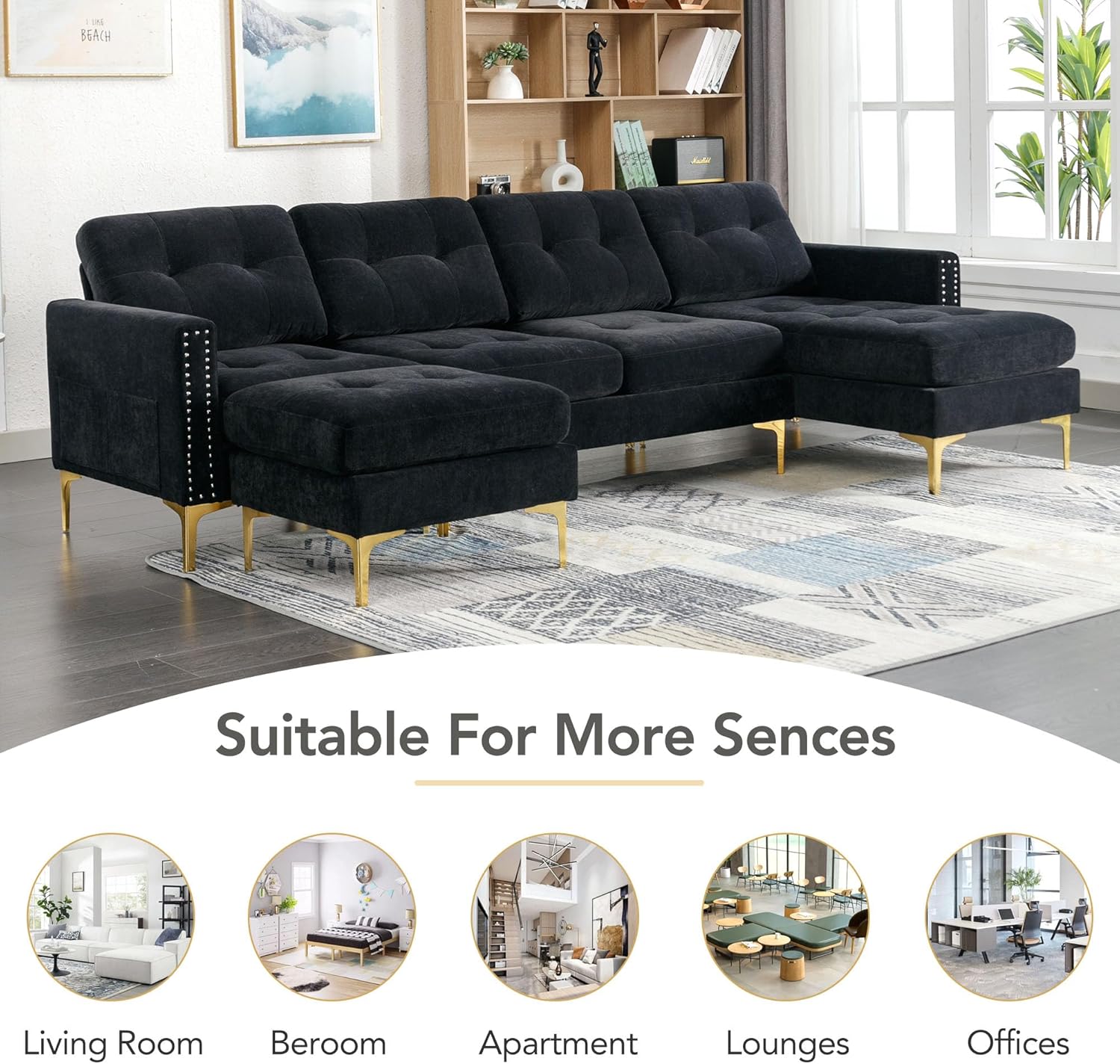 P PURLOVE Velvet Modern Large Sectional Sofa, U Shape Upholstered Couch with Chaise, Convertible Sofa Couch with Movable Ottoman for Living Room Apartment (Black)