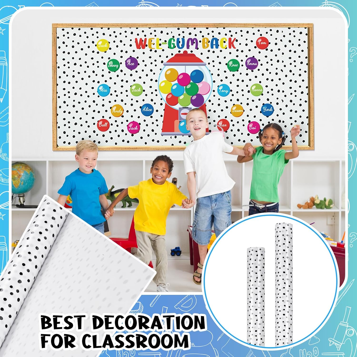 Kolldenn 2 Rolls Black Painted Dots Fabric Bulletin Board Paper Roll 4 x 12 ft Extra Large Non Woven Waterproof Roll Fade Resistant for DIY Craft Drawing Painting Classroom Decor, Dot Style
