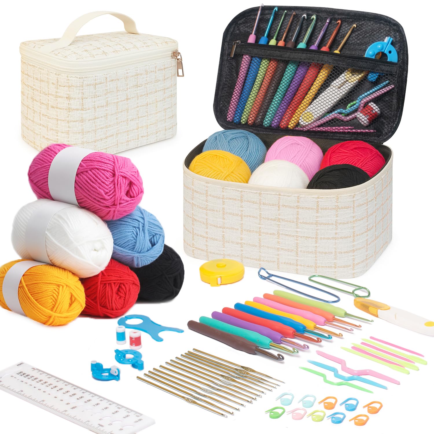 BLISSO 59 Pcs Crochet Kit for Beginners Adults - Ergonomic Crochet Hook Set for 1000's of DIY's with Yarn & Tools (Pearl Edition)