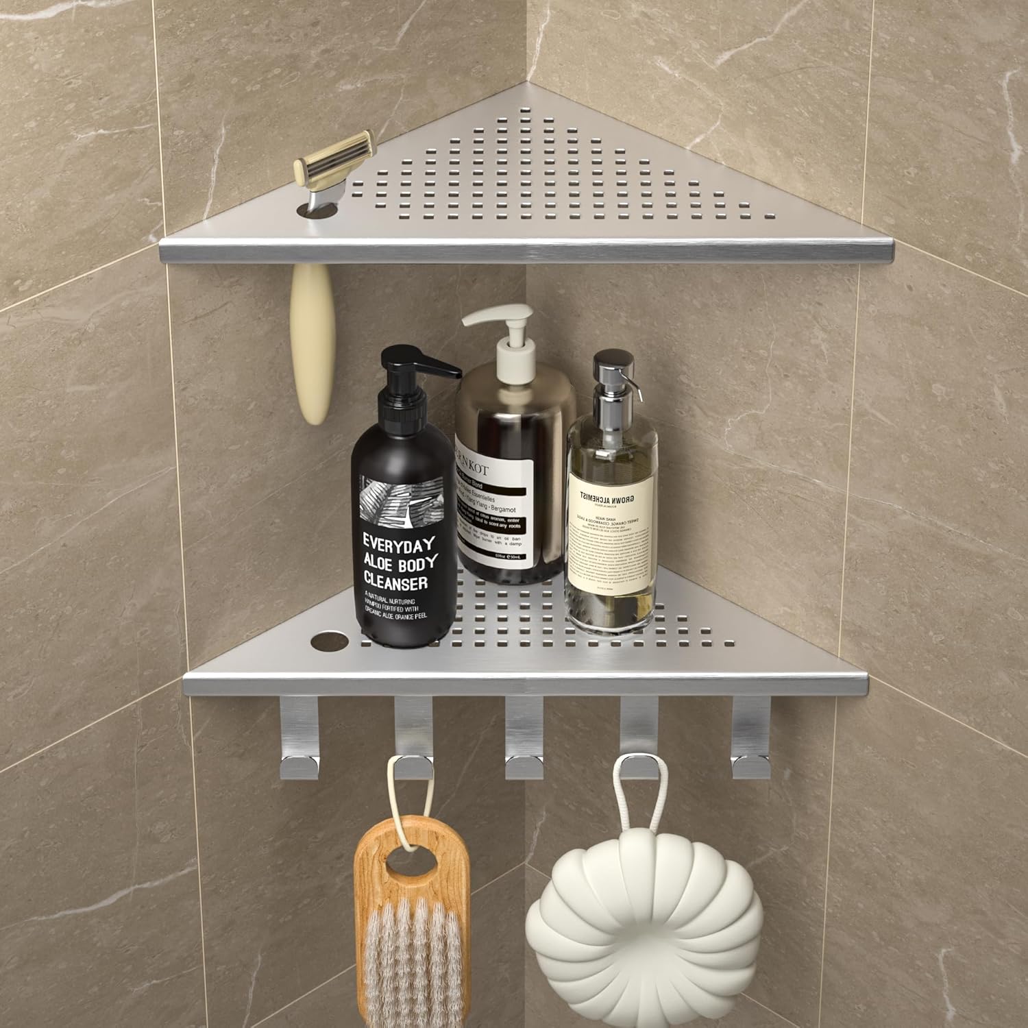 Bernkot Grout in Shower Shelves with Hooks 304 Stainless Steel Corner Bathroom Shelf for Tiled Wall Brushed 10