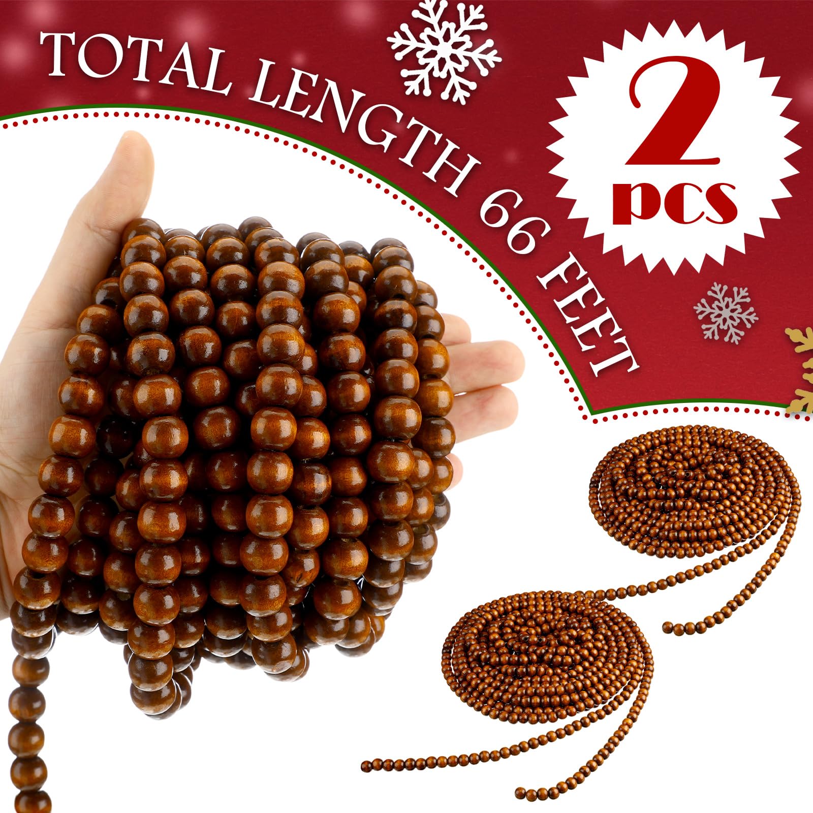 Giegxin Lot de 2 guirlandes de perles de Noël en bois marron de 20 m au total, décoration rustique pour sapin de Noël, plateau mural, guirlande de perles pour cadeaux de Noël