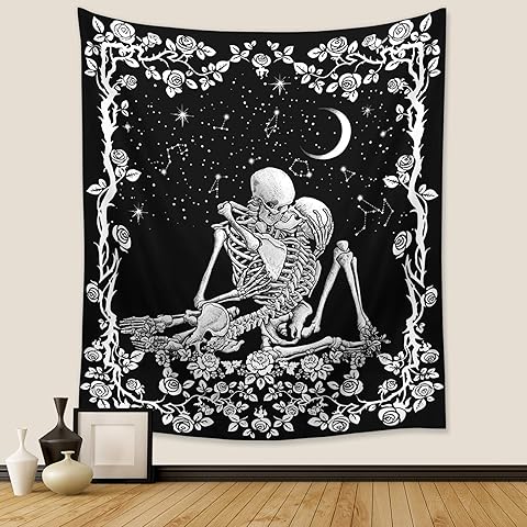 Wonrizon The Lovers Skull Tapestry,Black and White Romantic Constellation Skeleton Tapestries Wall Hanging decor for Living Room Bedroom (51.2”x 59.1”)