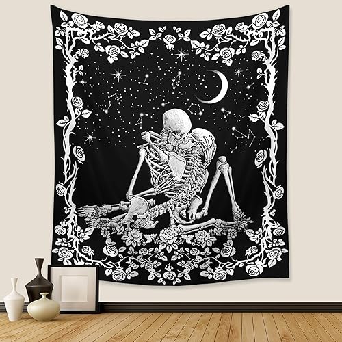 Wonrizon The Lovers Skull Tapestry,Black and White Romantic Constellation Skeleton