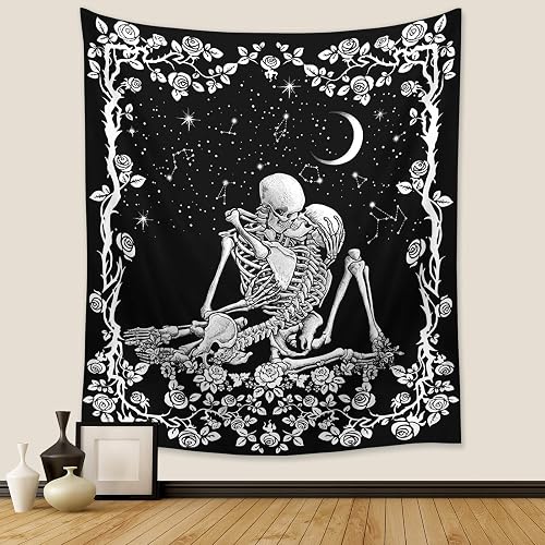 Wonrizon The Kissing Lovers Skull Tapestry,Black and White Romantic Constellation Skeleton Tapestries Wall Hanging decor for Living Room Bedroom (30”x 40”) - 40"L x 30"W