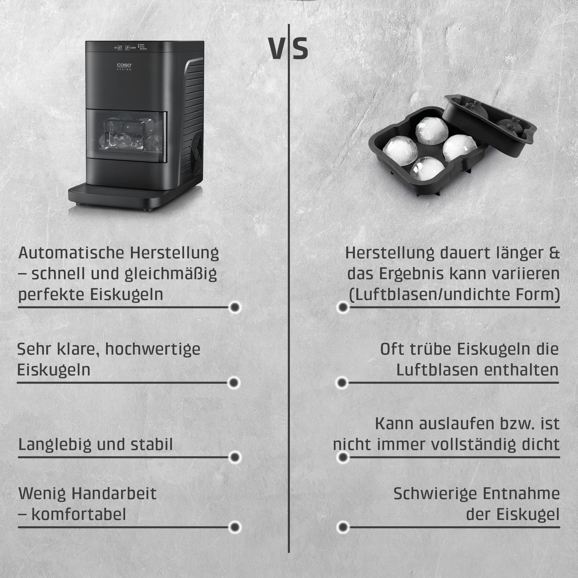 CASO IceBall Pro Eiskugelbereiter mit Kompressor – Kristallklare Eiskugeln 50–55 mm, 2 Kugeln/Stunde, 1,3 l Wassertank, Selbstreinigung, LED-Anzeige, mattschwarz