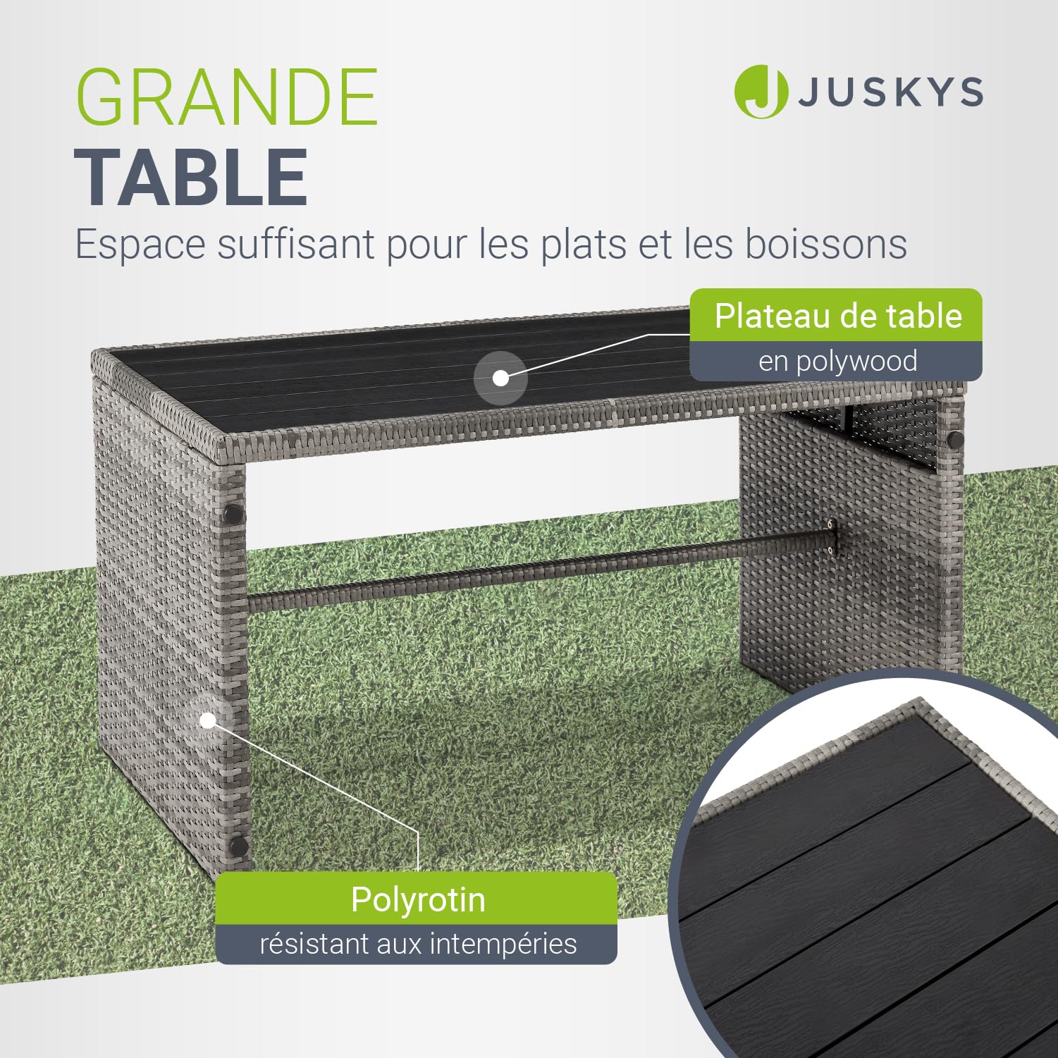 Juskys Ensemble mobilier de Jardin 2 en 1 en polyrotin Jamaika - Table, canapé Lounge - Salon de Balcon ou d’extérieur Gris chiné