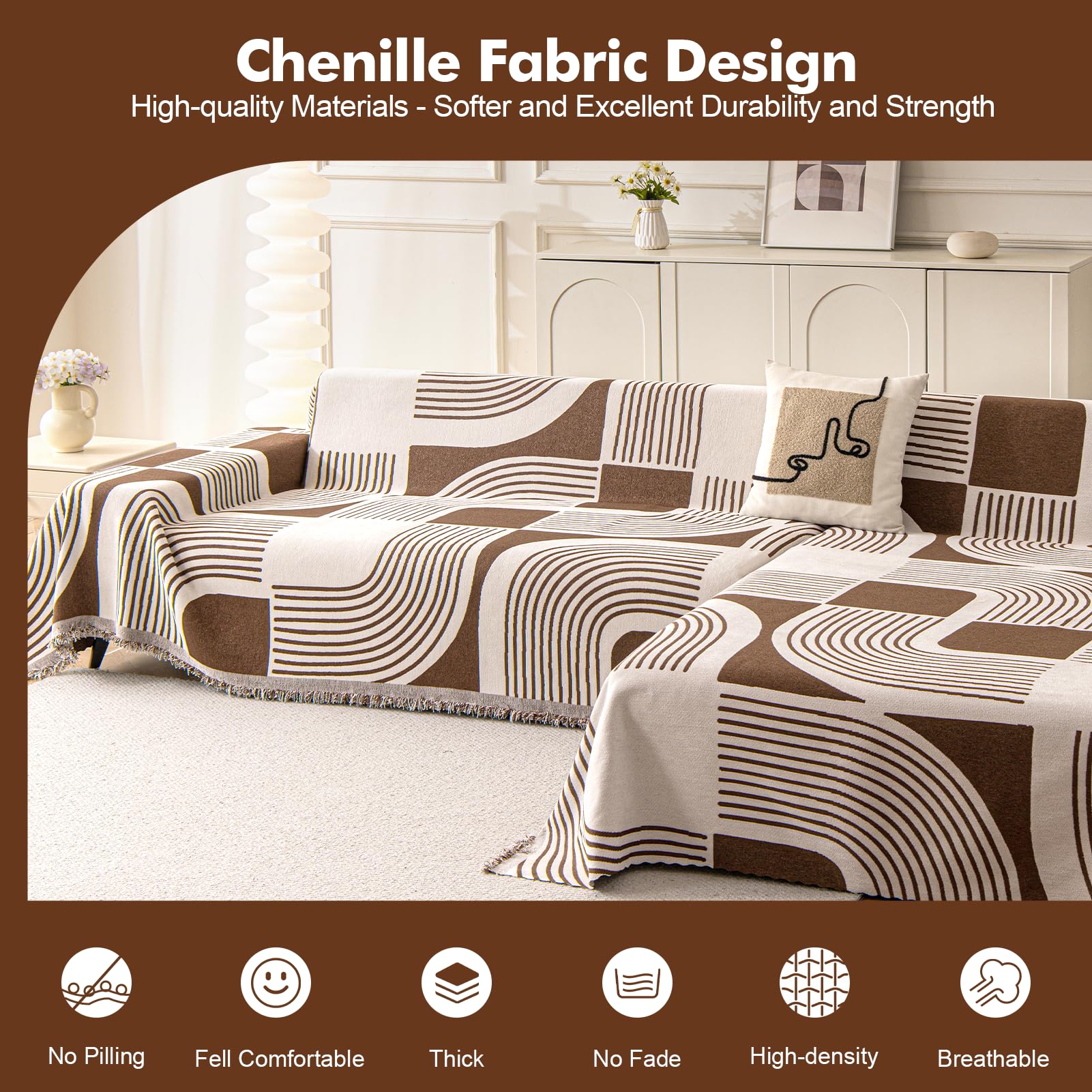 WEYOND Sofa überzug für L-Form Sofas, 180 x 300 cm + 180 x 340 cm, Kaffee | Chenille Sofa Überwurf, Waschbare Bohemian Couch Überzug, Sofaschutz Hund mit Recamiere-Bezug für Ecksofas