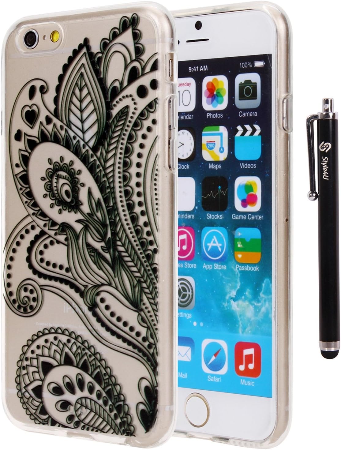 iPhone 6 Case, Style4U iPhone 6 [Scratch Resistant] Printed Design Slim Back Case / Cover with Protective TPU Bumper for Apple iPhone 6 with 1 HD Clear Screen Protector and 1 Style4U Stylus (Flower Pattern-1)
