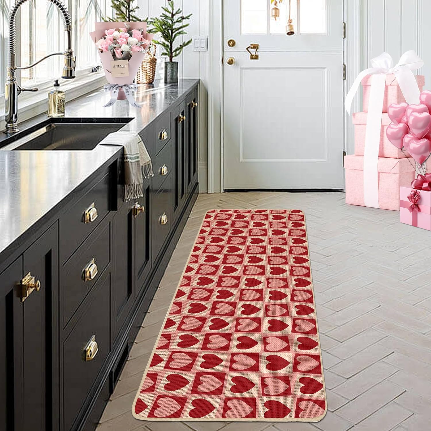 Baccessor Valentines Day Kitchen Mats Set of 2, Red Pink Love Heart Plaid Kitchen Rugs Romantic Kitchen Mats for Floor Non Slip Anniversary Wedding Party Home Decor 17x29 and 17x47 Inch
