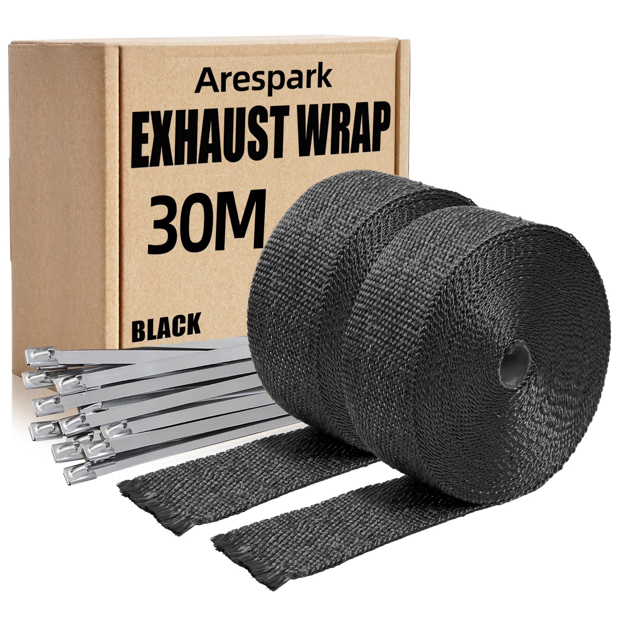 Arspark - Nastro isolante termico in fibra di vetro, 30 m, con 24 fascette in acciaio inox, isolamento termico, per auto e moto, collettore di scarico, camino, stufe a legna e stufe da campeggio
