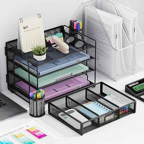 Miniatura 7 de Marbrasse Desk Organizer and Accessories4-Tier Paper File Letter Tray Accessories & Workspace Desk Organizers with Drawer and 2 Pen Holders for