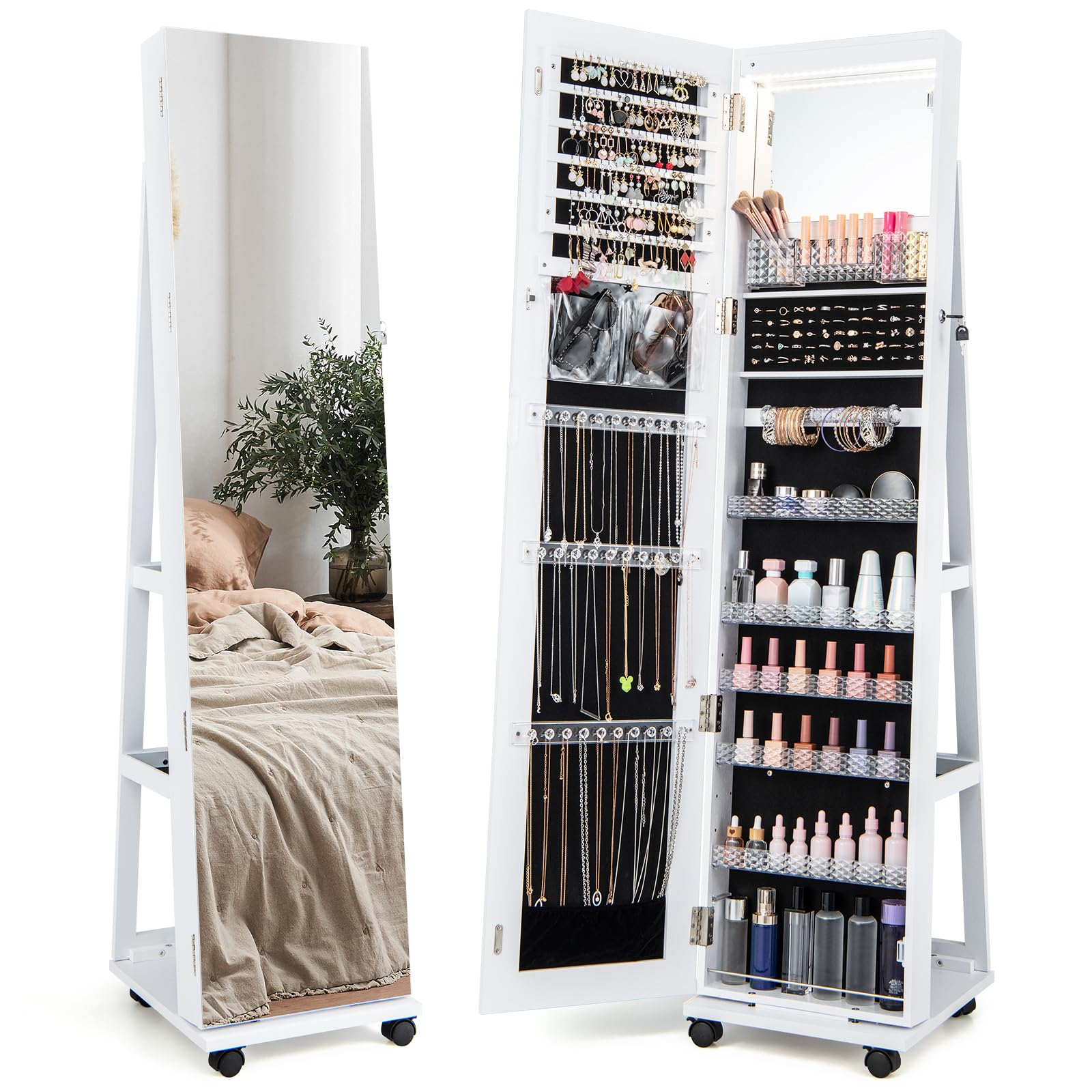 RELAX4LIFE Schmuckschrank mit Ganzkörperspiegel, 3 in 1 Spiegelschrank mit 4 Rädern & 3 farbigen LEDs, 360° Drehbar & Abschließbar, Schmuckorganizer mit 3 Regalen (Weiß)