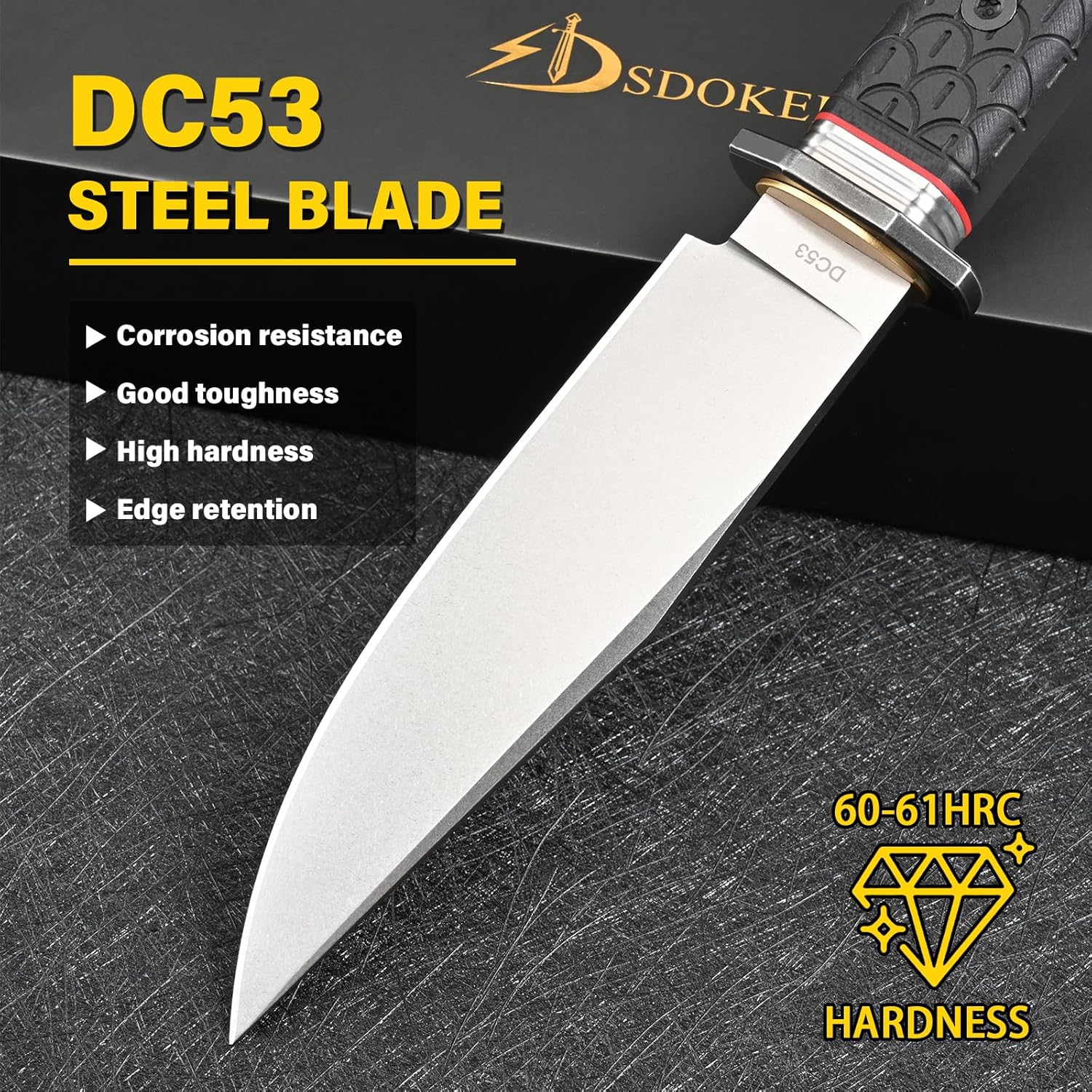 DC53 Steel Fixed Blade Hunting Knife with Sheath - Tactical EDC Knife for Men, Essential for Outdoor Survival Camping Hiking (White Stone Wash)