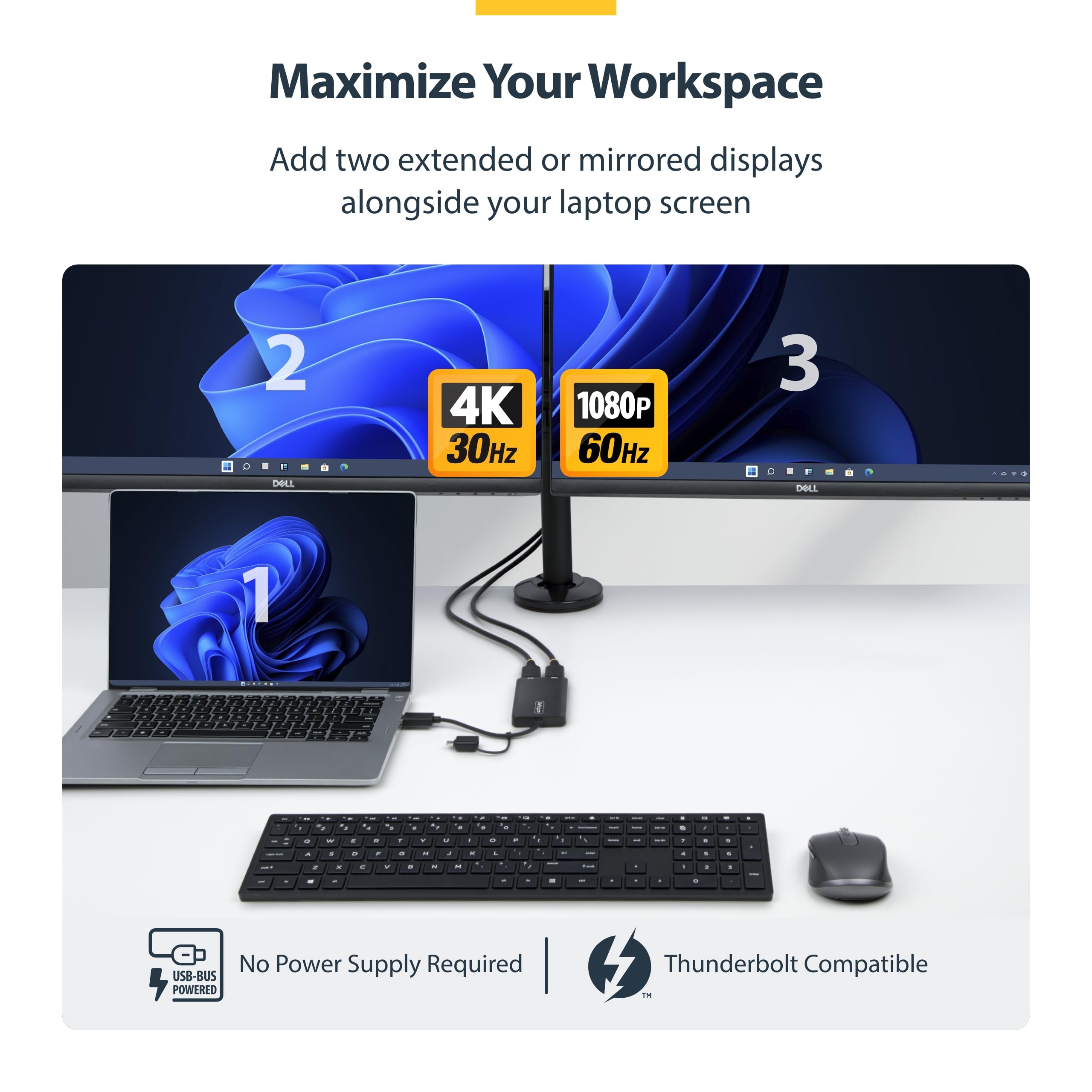 StarTech USB-A and USB-C to Dual HDMI 4K30 1080p Mac Windows ChromeOS | USB 3.0 5Gbps Two displays Windows and ChromeOS and Ubuntu Extended dual monitor product thumbnail 4
