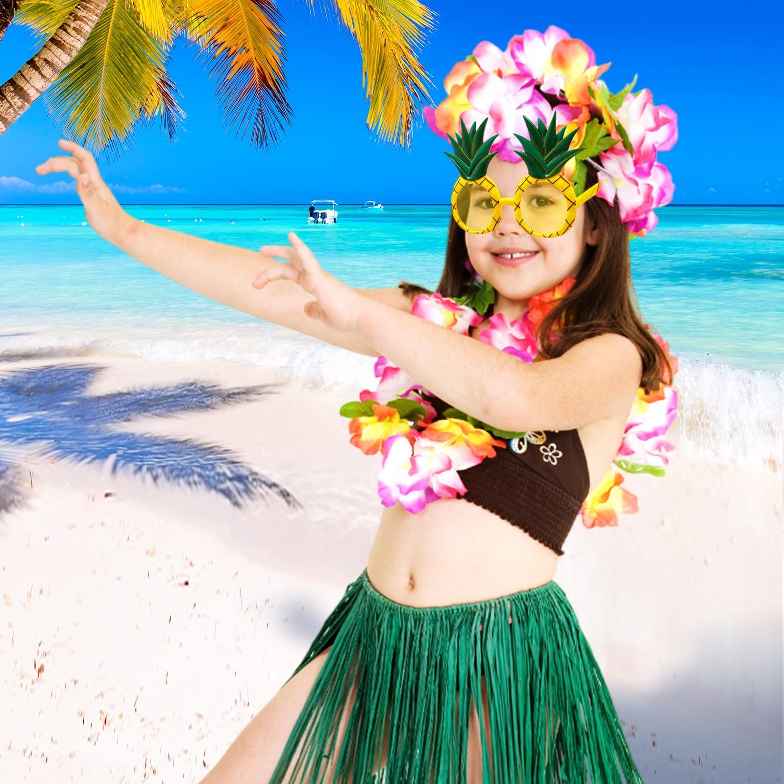 Lot de 6 décorations de fête hawaïennes, collier de fleurs, bracelets, bandeau, lunettes d'ananas, jupe hawaïenne, déguisement pour adultes, fête de plage, bar de nuit