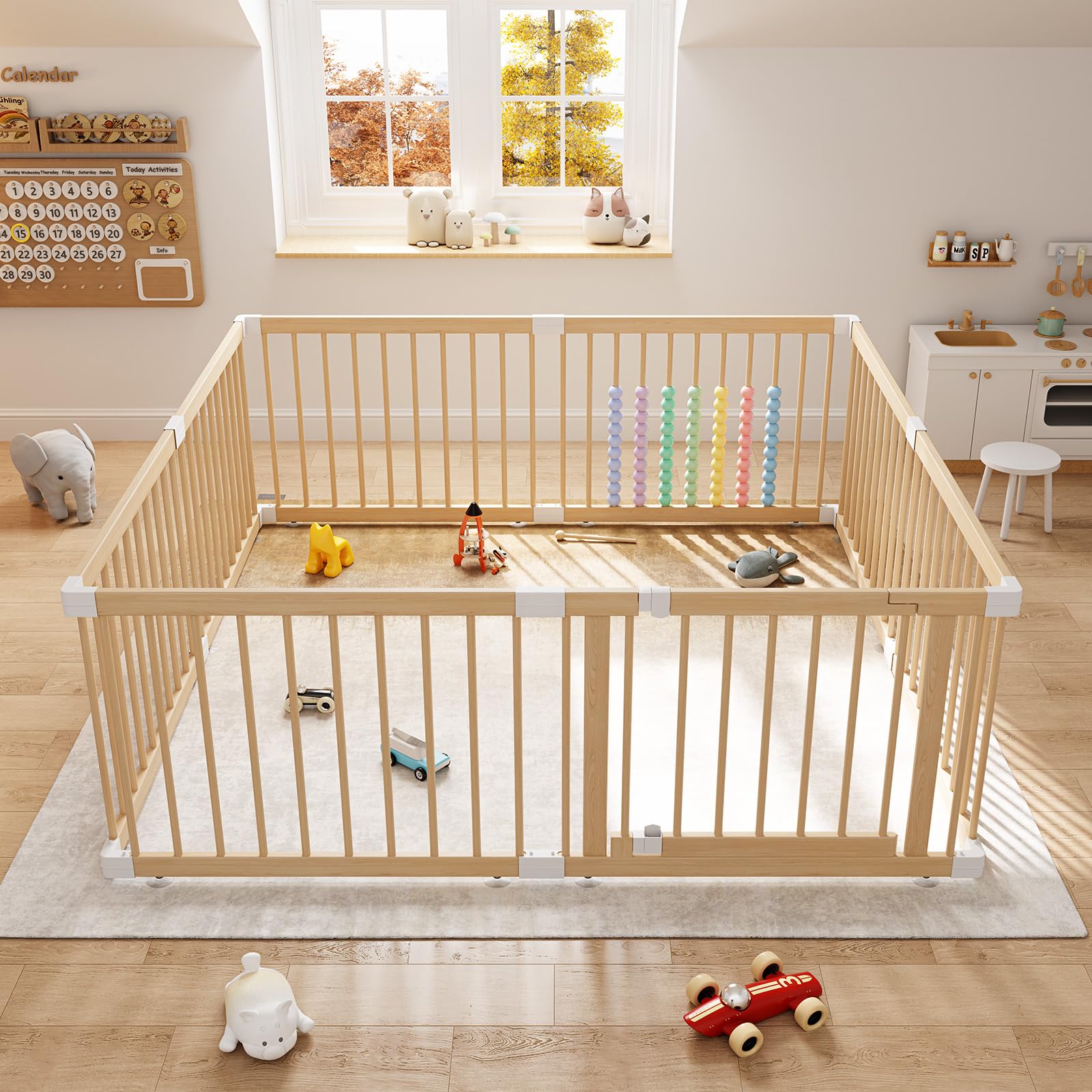 Large Wooden Baby Playpen - Size Adjustable Fence for Babies and Toddlers, Baby Play Yard with Locking Gate, Indoor Play Pen for Kids Activity Center 63.5”×63.5”