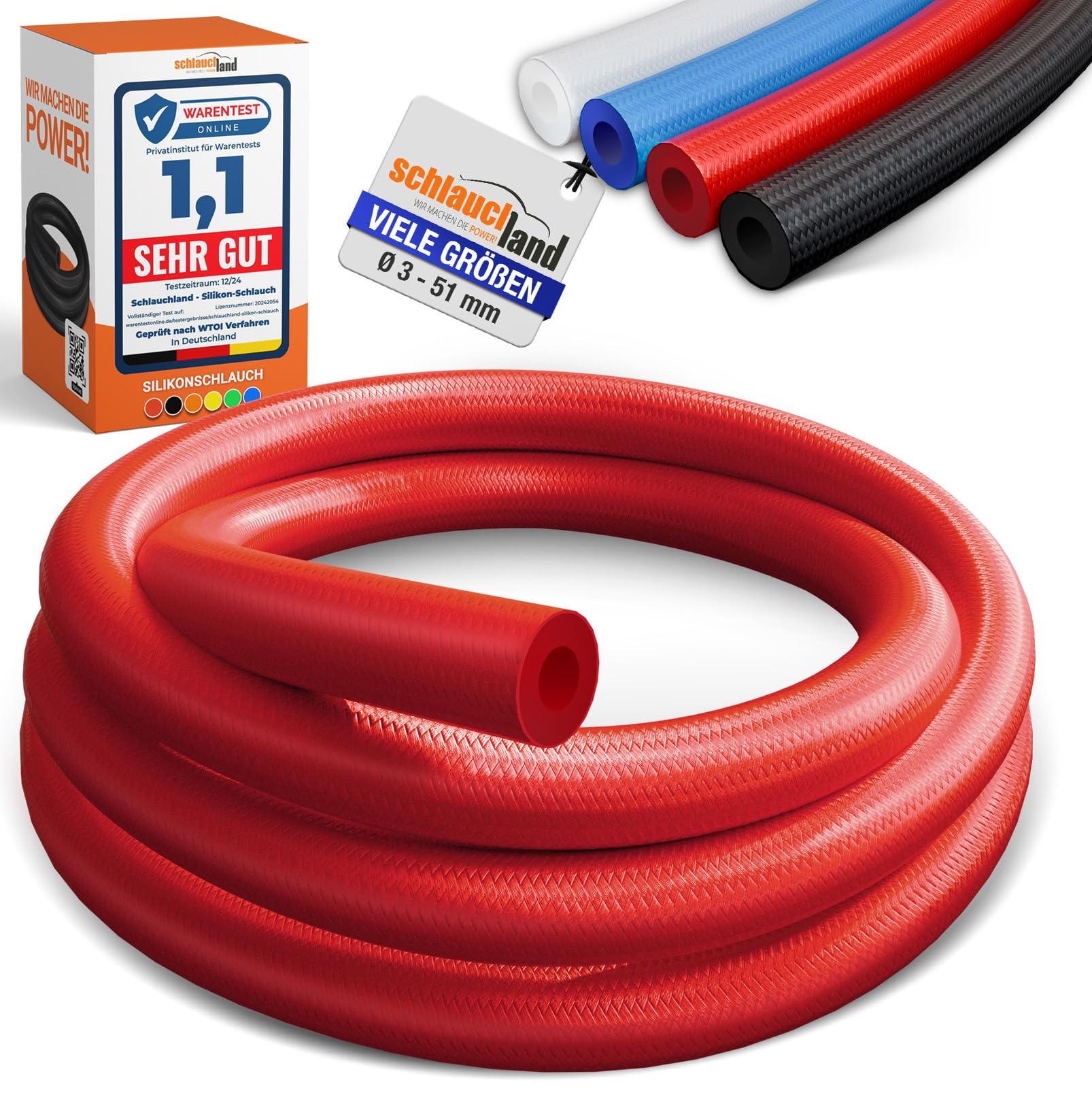 50m PROTEX UNIVERSAL-SCHLAUCH Silikon Ø 6x12mm rot 180°C | VIELE FARBEN & GRÖSSEN | Silikonschlauch Schlauch Shisha Luft Wasser Druckluft Gewebe verstärkt Lebensmittel-echt FDA flexibel