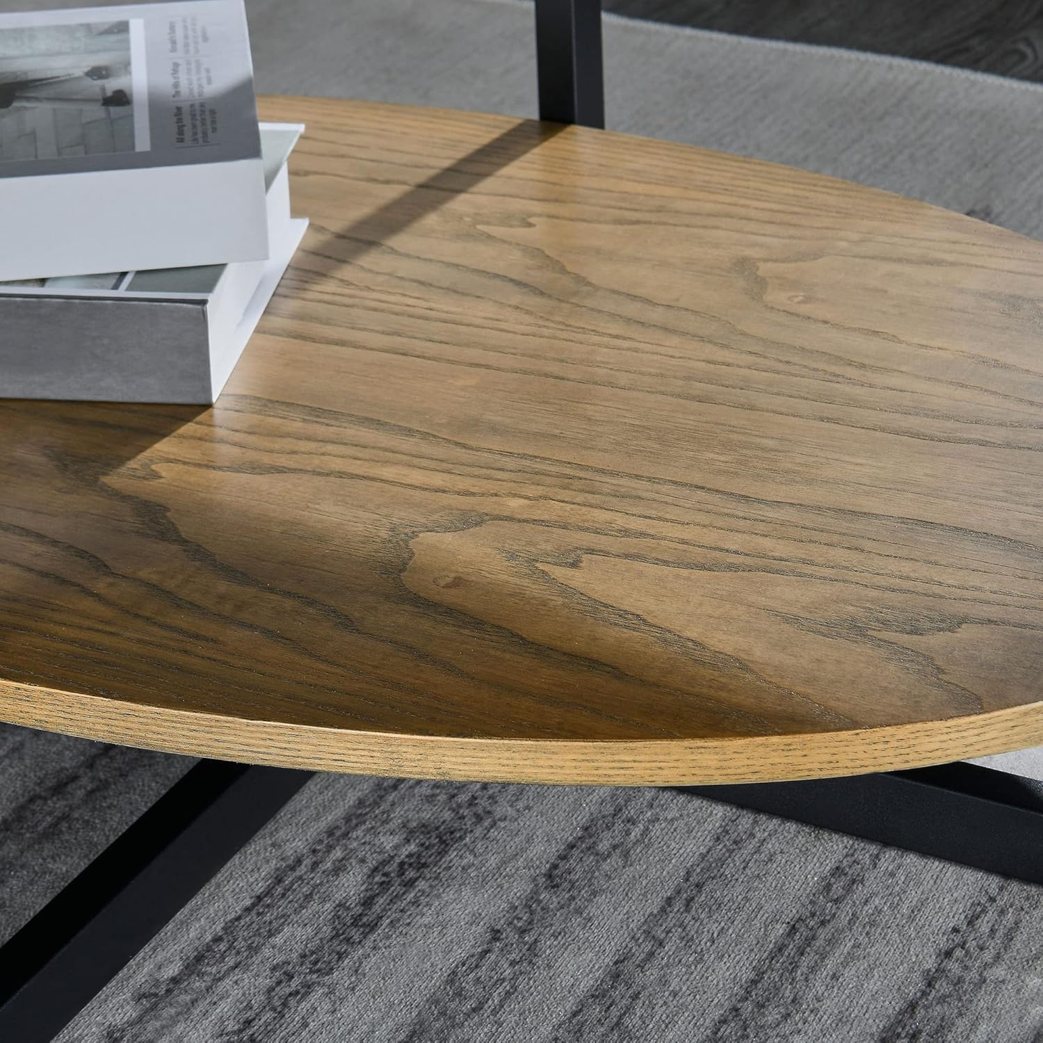 PADMA HOUSE Couchtisch Oval Holz mit Tablett, 110 * 66 Modern wohnzimmertisch mit Kreuz Metall Beine, Kaffeetisch für Wohnzimmer Schlafzimmer