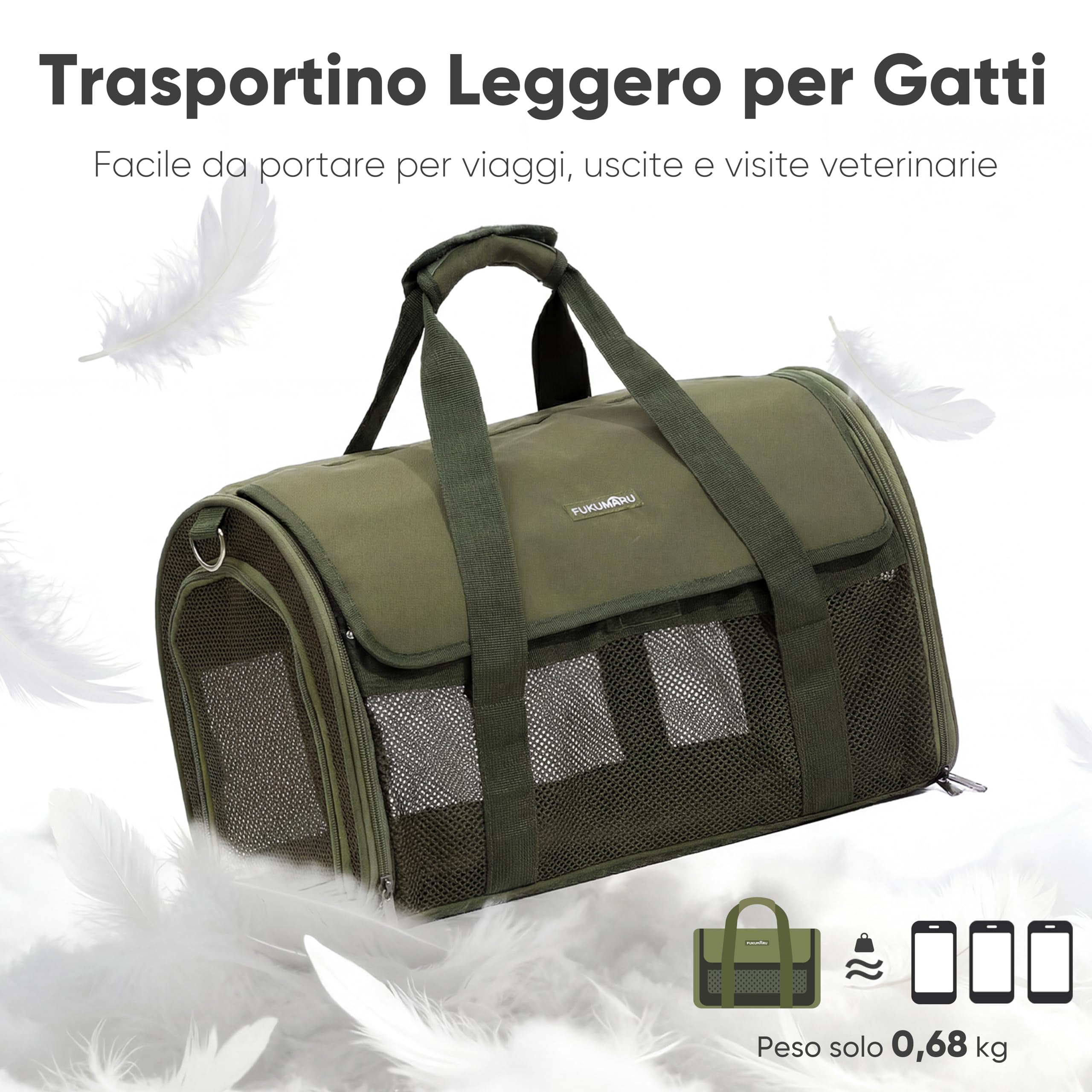 FUKUMARU Trasportino Gatto Cane Piccolo, Leggero e Traspirante, 46x28x28 cm, Approvato per Volo in Cabina, Pieghevole Morbido, Rete Anti-Graffio, Verde