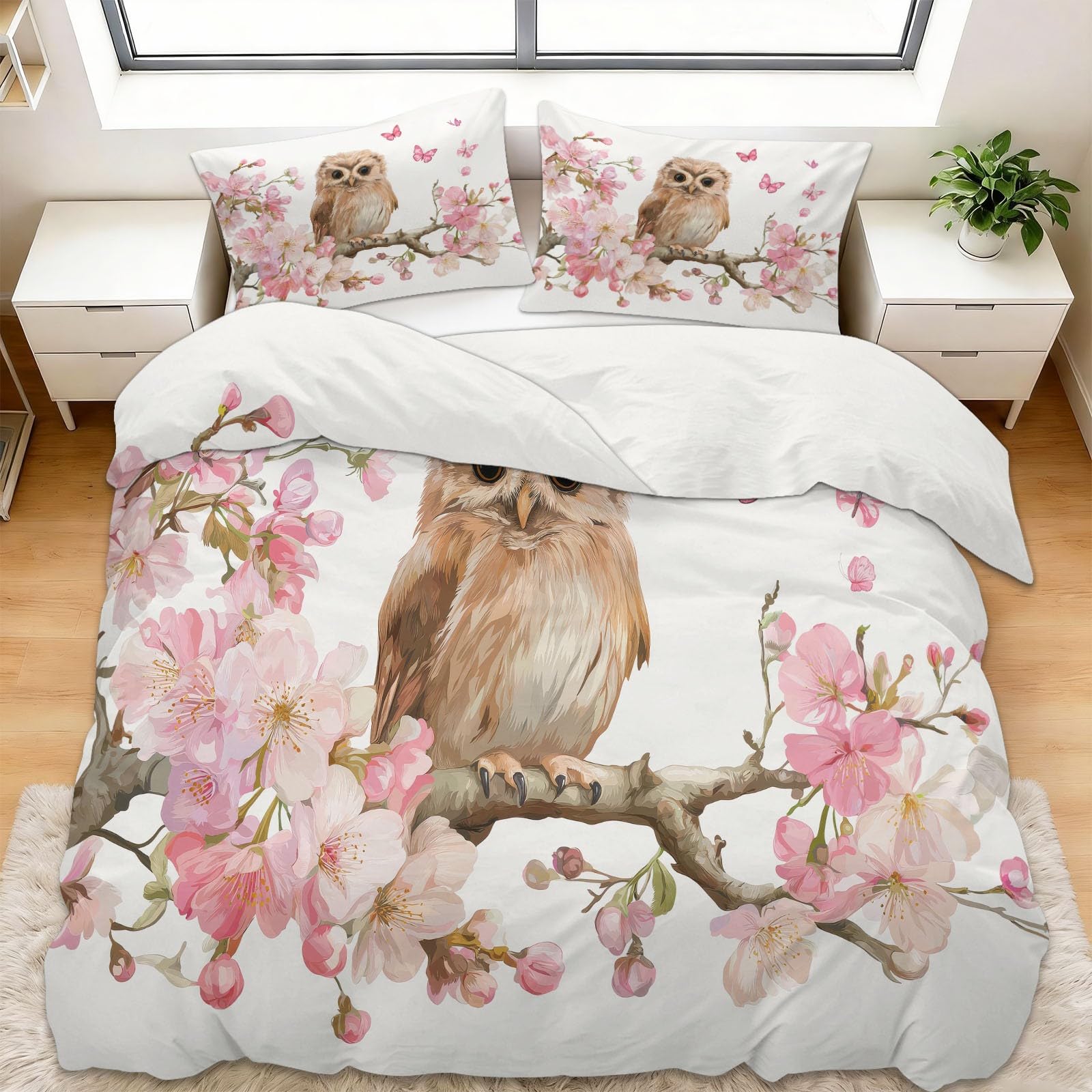 Housse de couette hibou et fleur de cerisier pour créer une chambre de fille style campagne