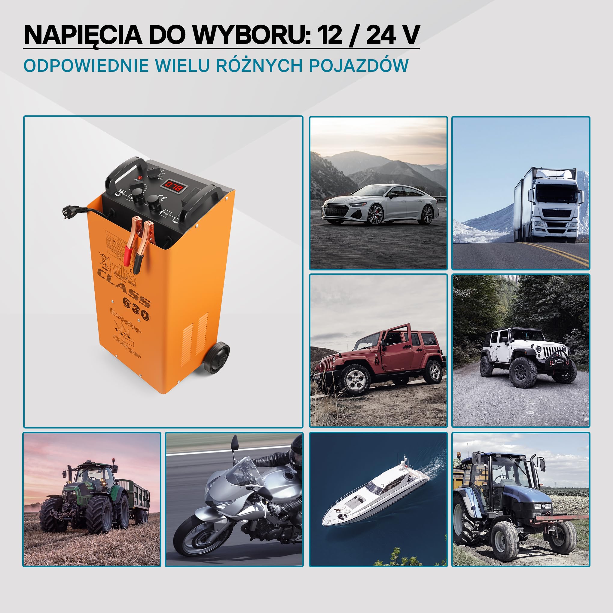 Wiltec Ładowarka do akumulatorów 12 V 24 V 90 A, ładowarka i pomoc przy rozruchu do motocykli, samochodów ciężarowych, ładowarka do akumulatorów Boost 630 z szybkim ładowaniem