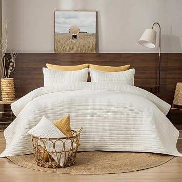 PHF 100% Washed Cotton Waffle Quilt Set King Size106"x90"-Lightweight with Striped Channel, Cozy Quilted Bedspread Set, Home Decor, 1 Soft Coverlet with 2 Matching Shams, Cream